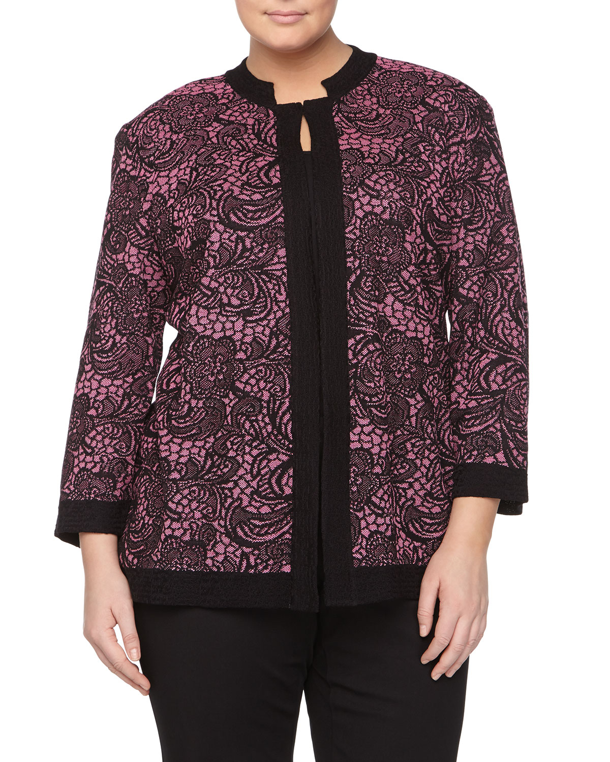 Misook Jacquard Jacket W/ Bracelet Sleeves, Pink/Black in Floral (PTK