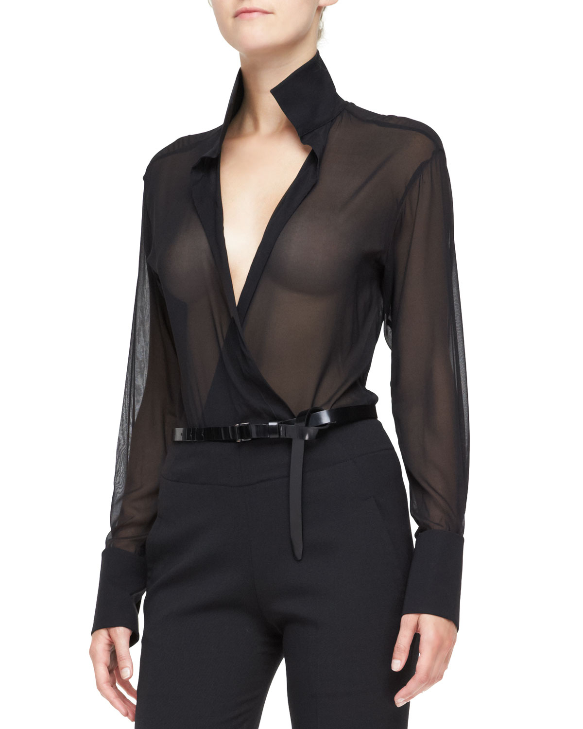 Donna karan Sheer Long-sleeve Blouse With Collar in Black | Lyst