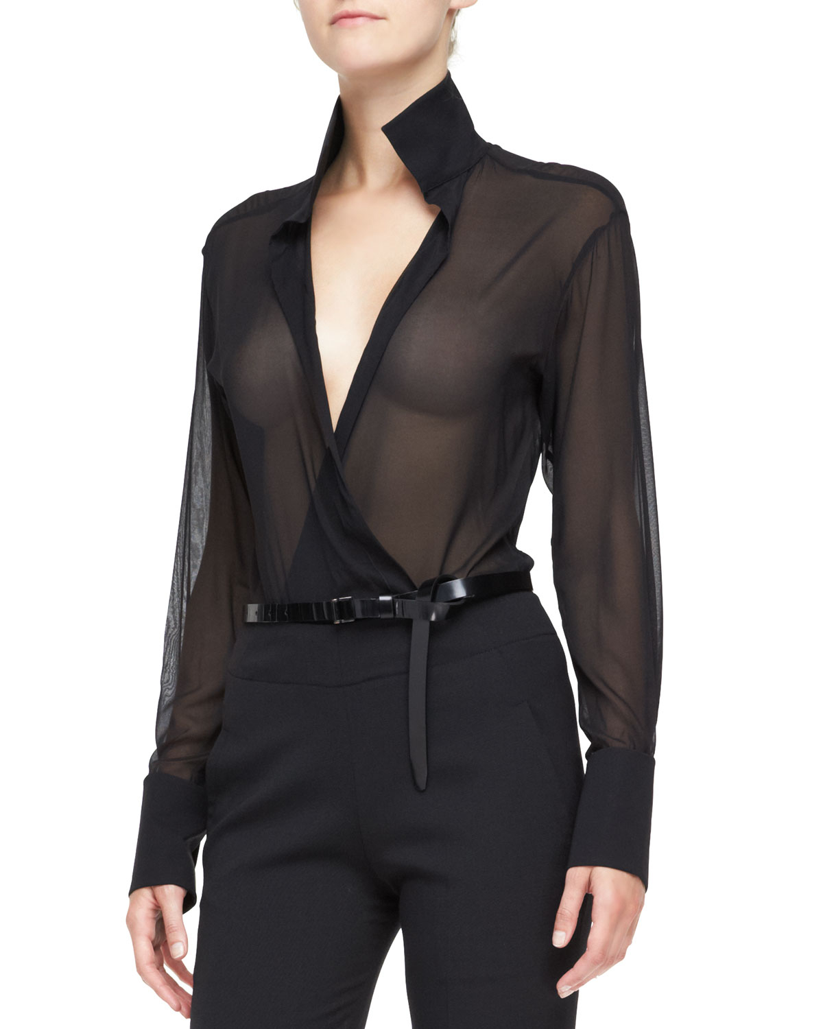 Donna Karan Sheer Long-sleeve Blouse With Collar in Black - Lyst