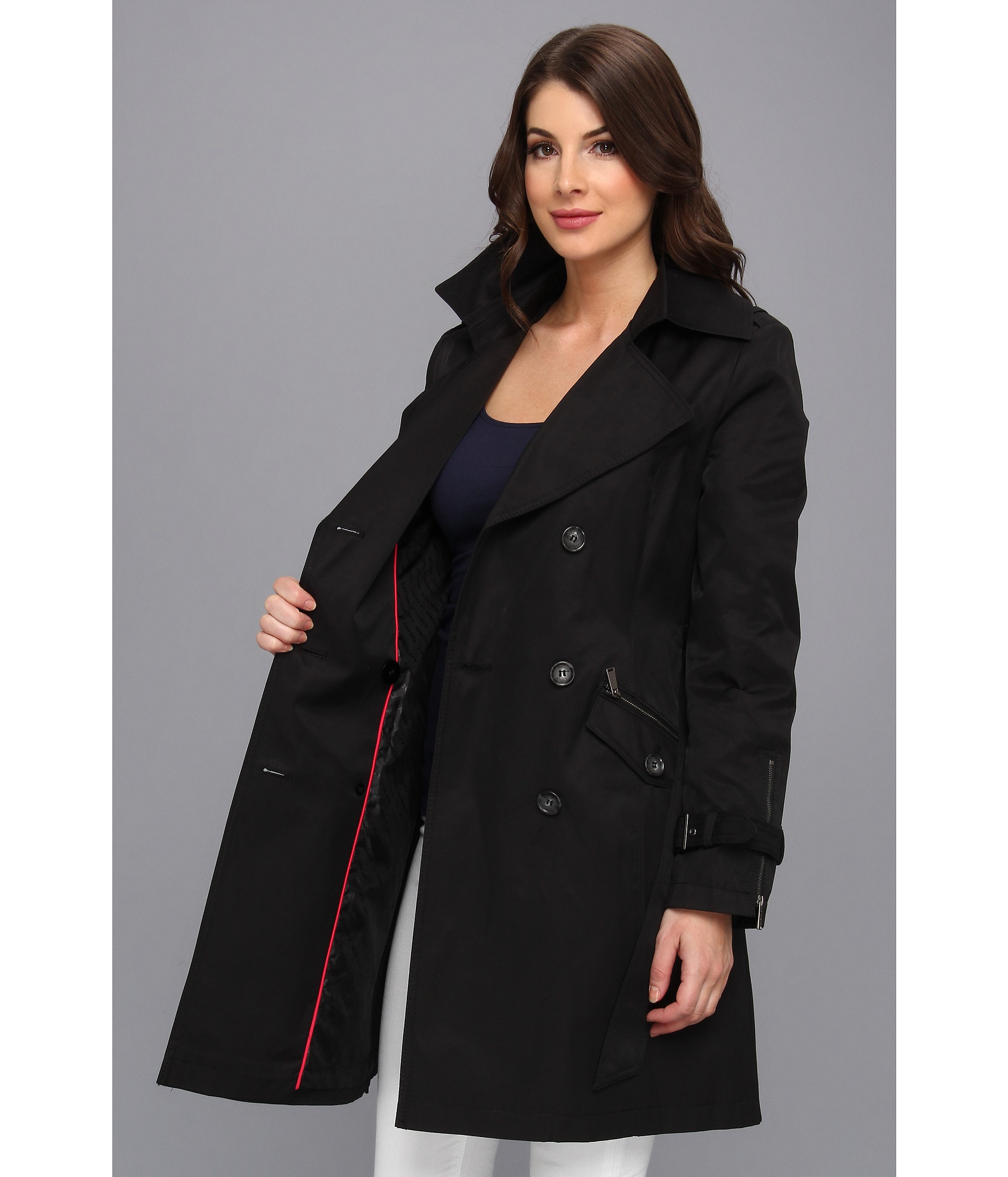 Dkny Double Breasted Long Wool Blend Military Coat (petite) in Black | Lyst