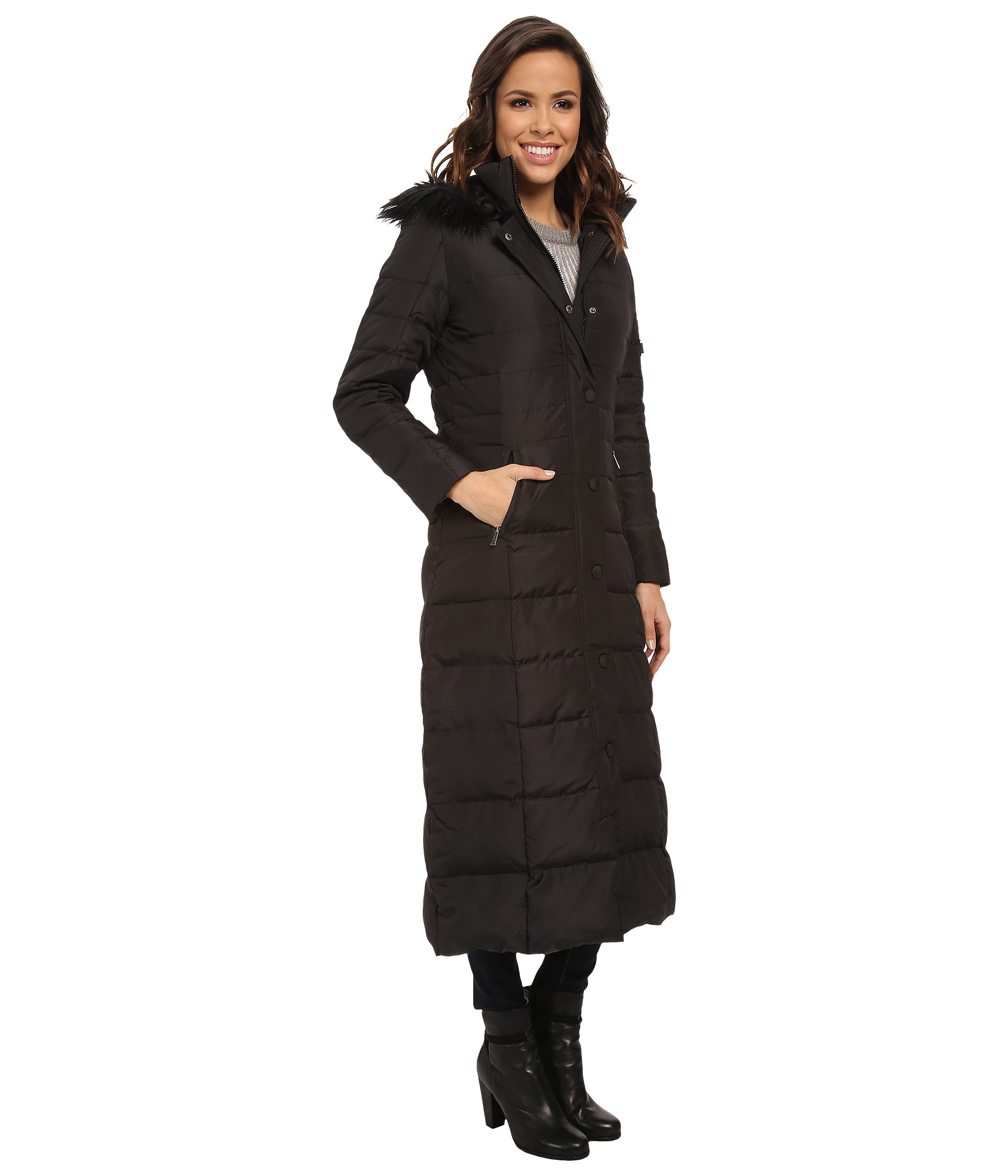 DKNY | Black Maxi Down Coat W/ Faux Fur Hood 31317-Y4 | Lyst