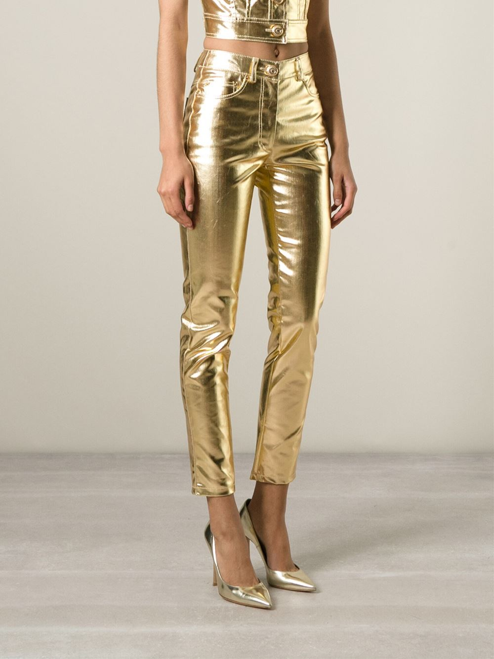 Moschino Skinny High-Waisted Stretch-Denim Jeans in Gold (metallic) | Lyst