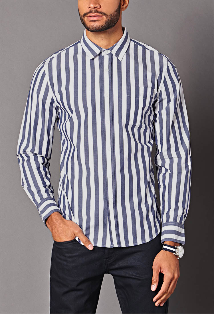 Lyst - Forever 21 Vertical Striped Classic Fit Shirt in Blue for Men