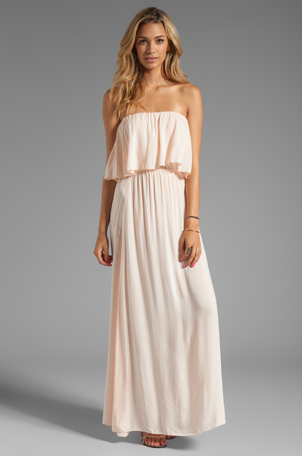 Indah Havi Rayon Crepe Strapless Maxi Dress With Flounce Top In Blush In Pink Lyst