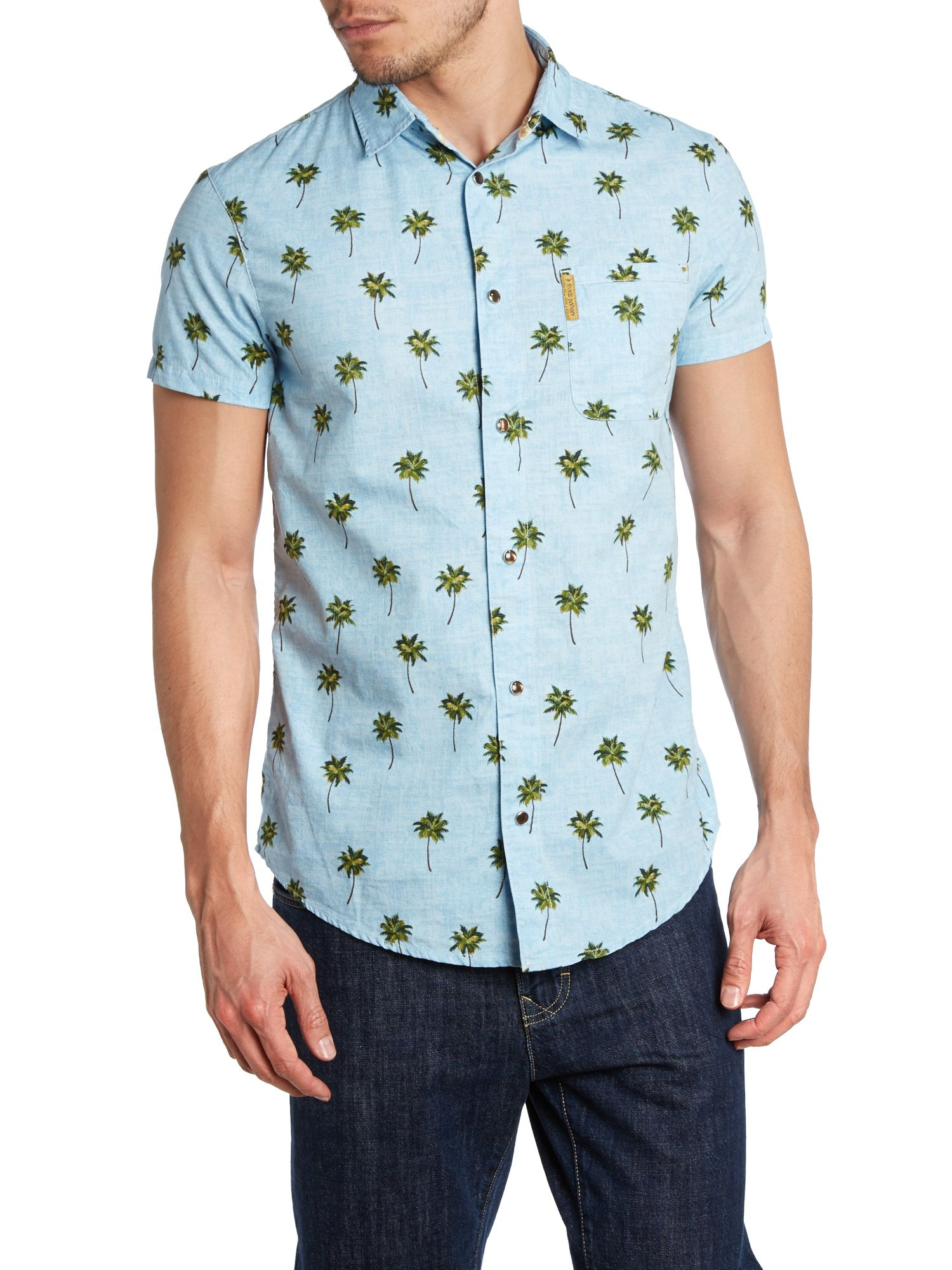 Armani jeans Palm Tree Leaf Print Short Sleeve Shirt in Blue for Men | Lyst