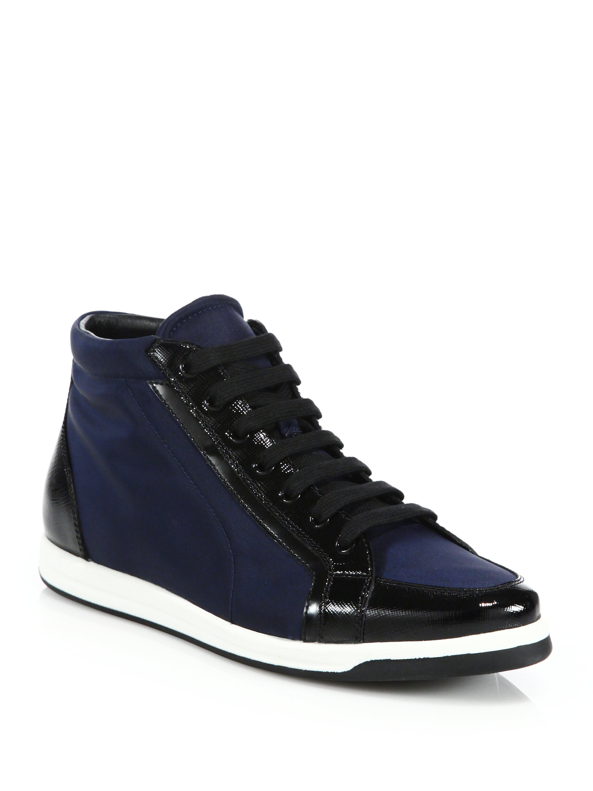 prada sneakers prada patent leather trimmed high top sneakers in blue lyst prada sneakers prada patent leather trimmed high top sneakers in blue lyst
