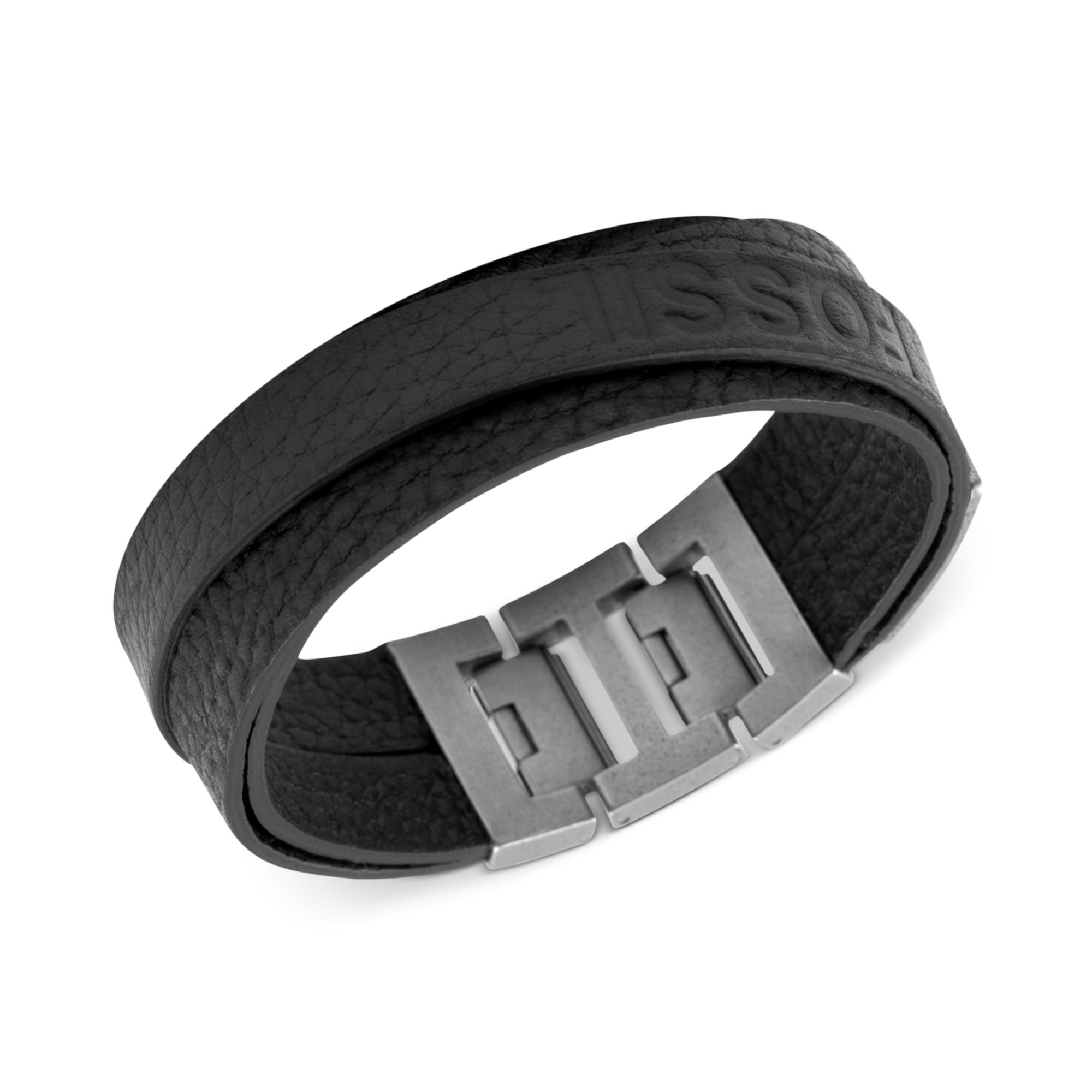 Fossil Stainless Steel Black Leather Double Wrap Bracelet in Black for