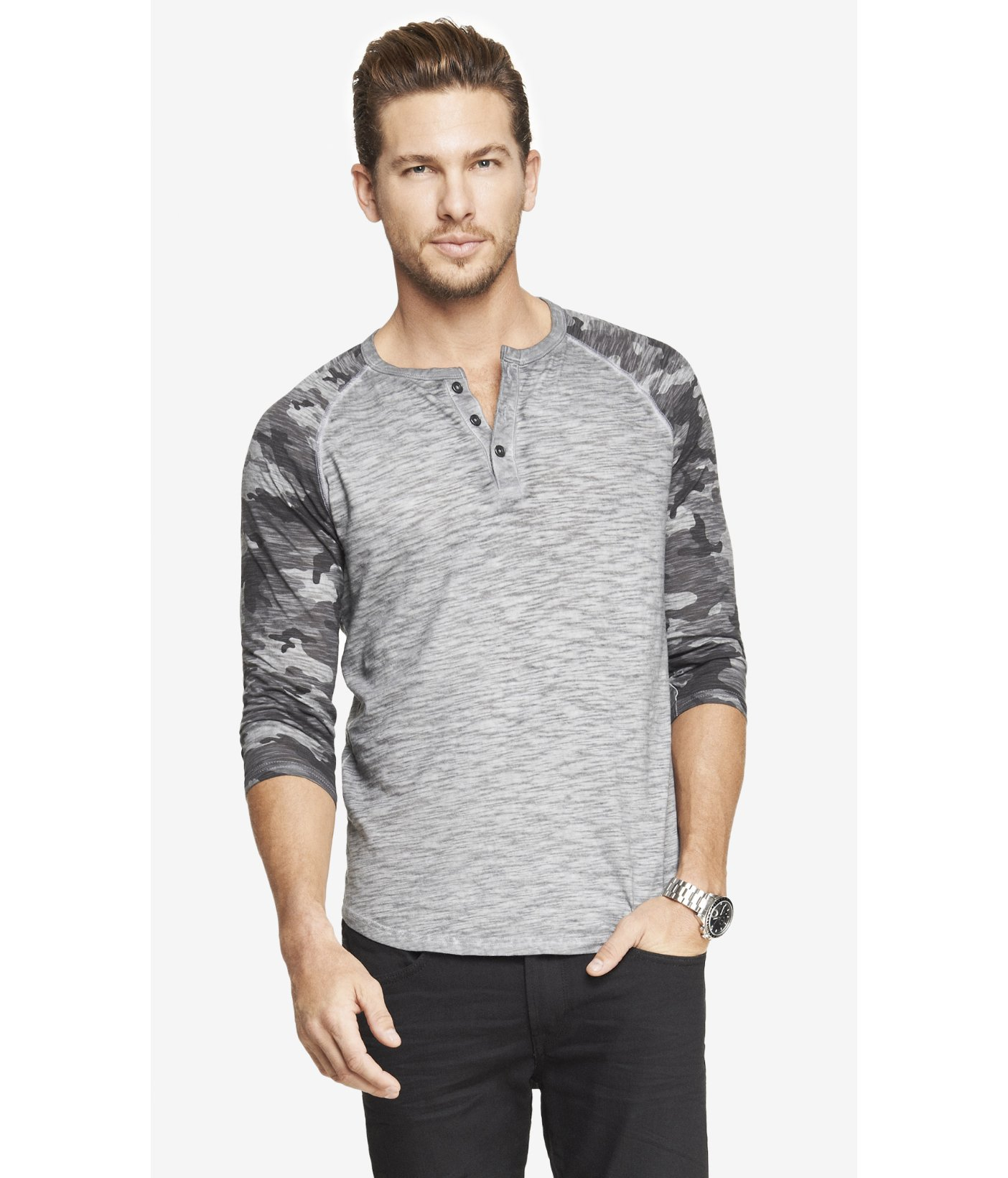 Express Camouflage Sleeve Henley Baseball Tee in Gray for Men (CAMO) | Lyst