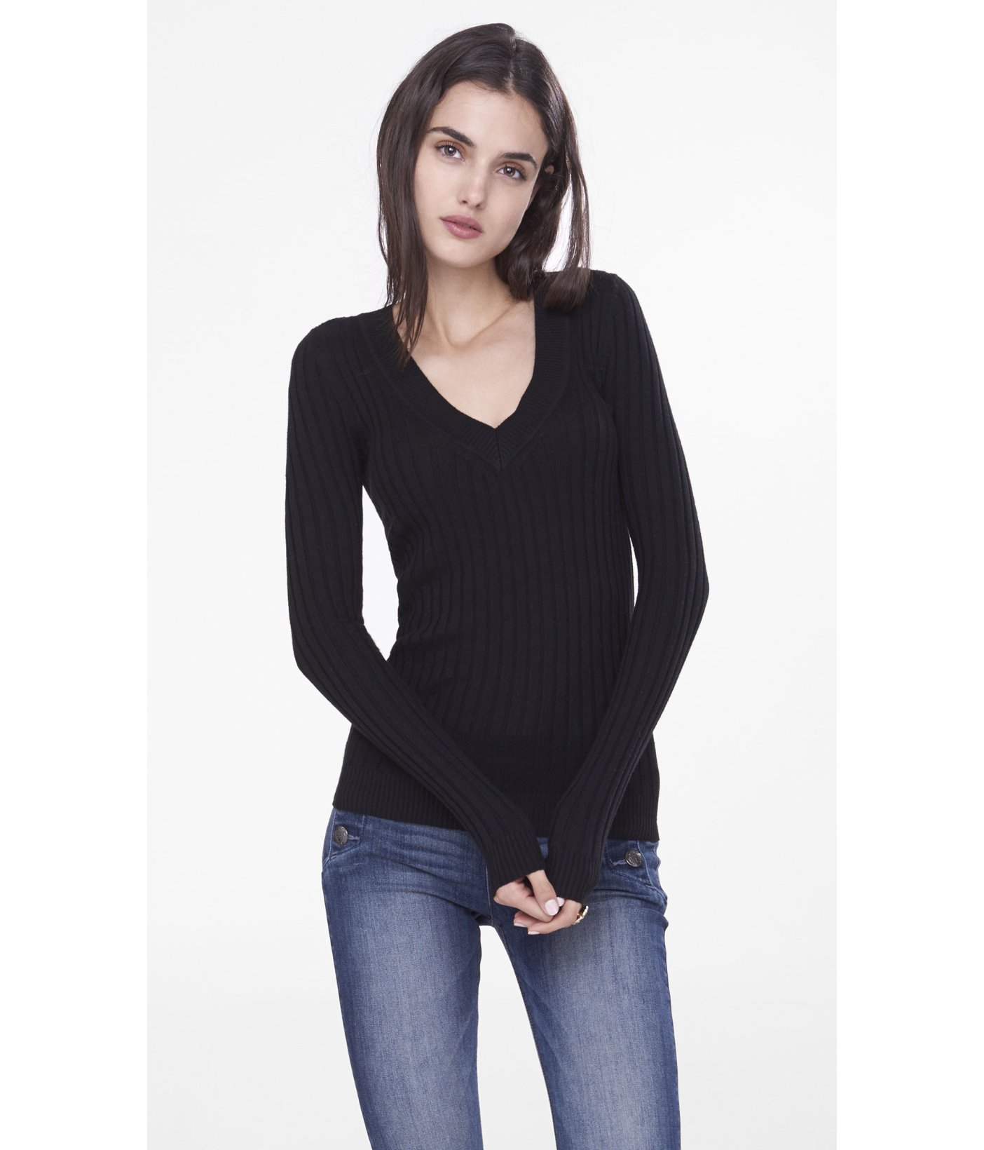 Express Ribbed Fitted V-neck Sweater in Black | Lyst