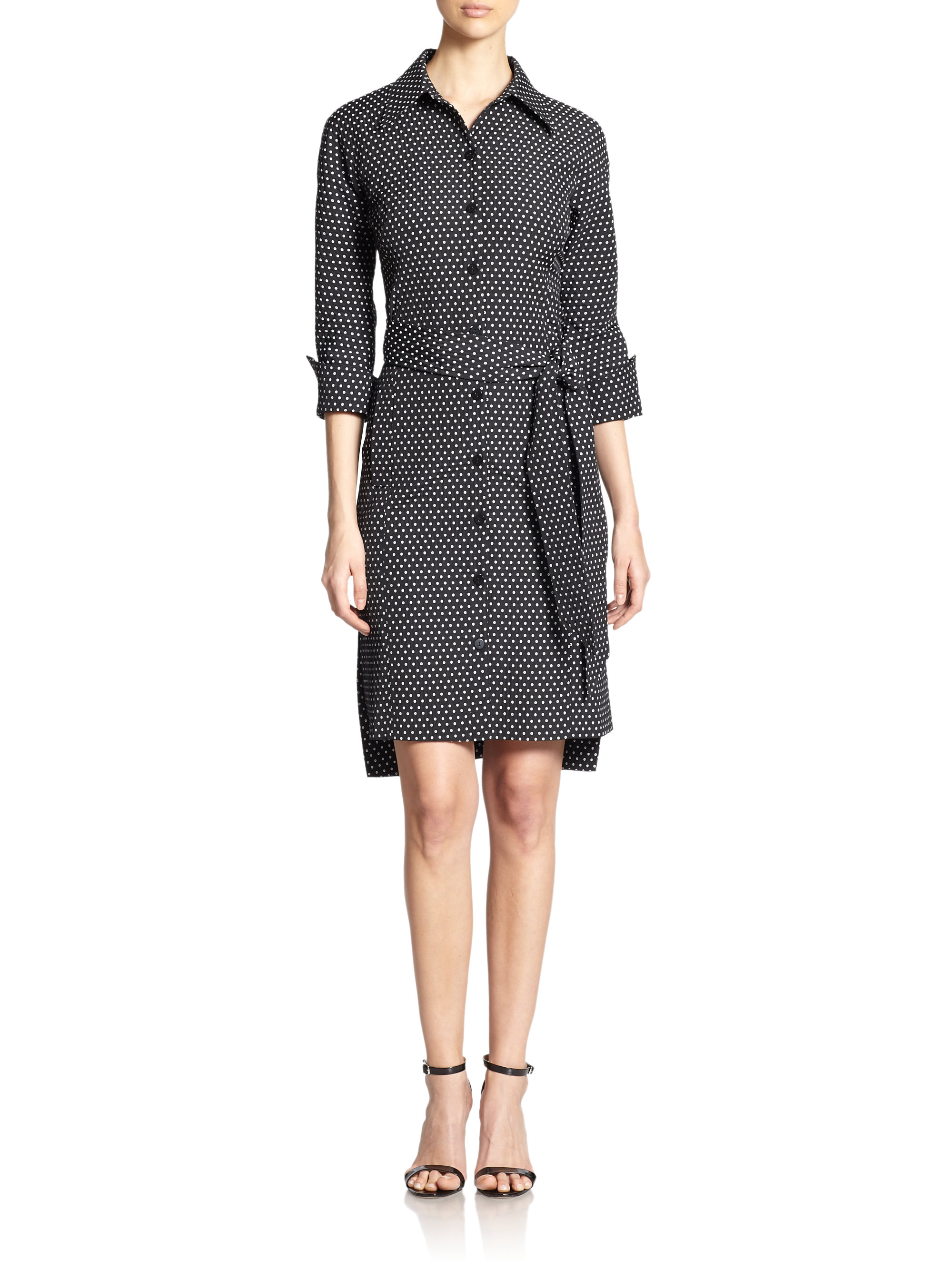 Lyst - Teri jon Belted Polka-dot Shirtdress in Black