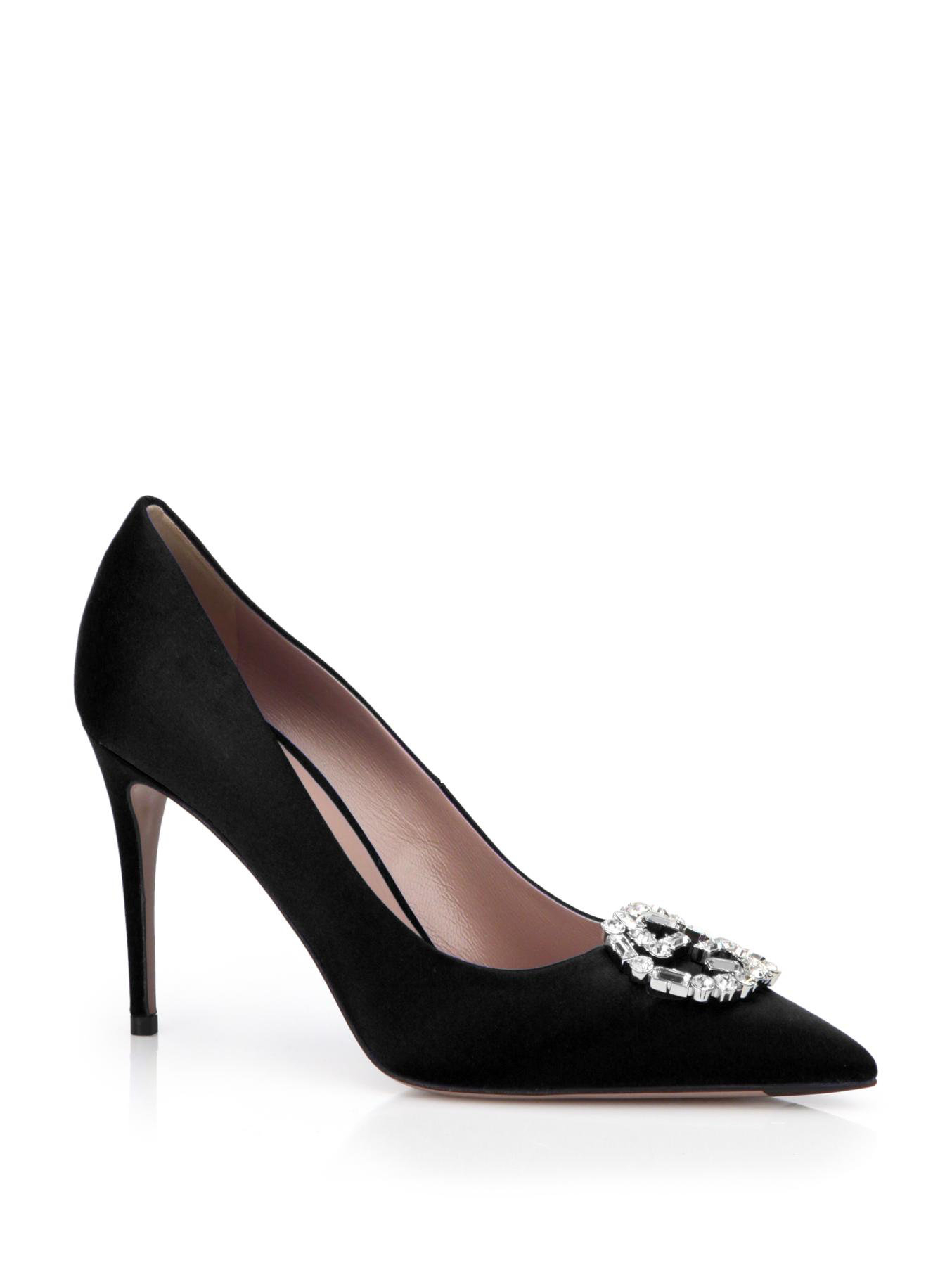 Gucci Gg Crystal Satin Point-toe Pumps in Black | Lyst