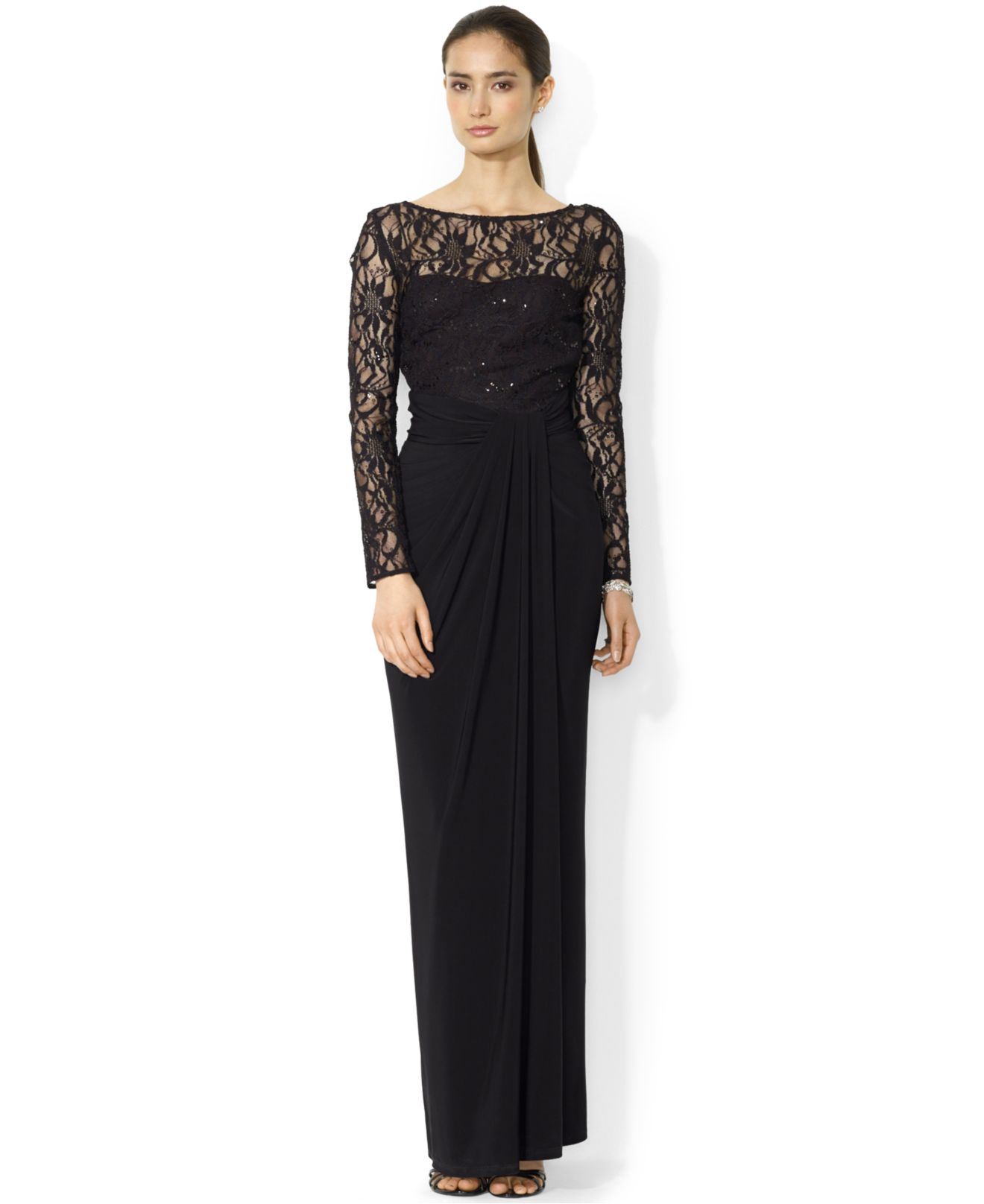 Lyst - Lauren by ralph lauren Long-Sleeve Lace V-Back Gown in Black