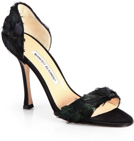 Manolo Blahnik Catalina D'Orsay Satin & Feather Pumps in Black | Lyst