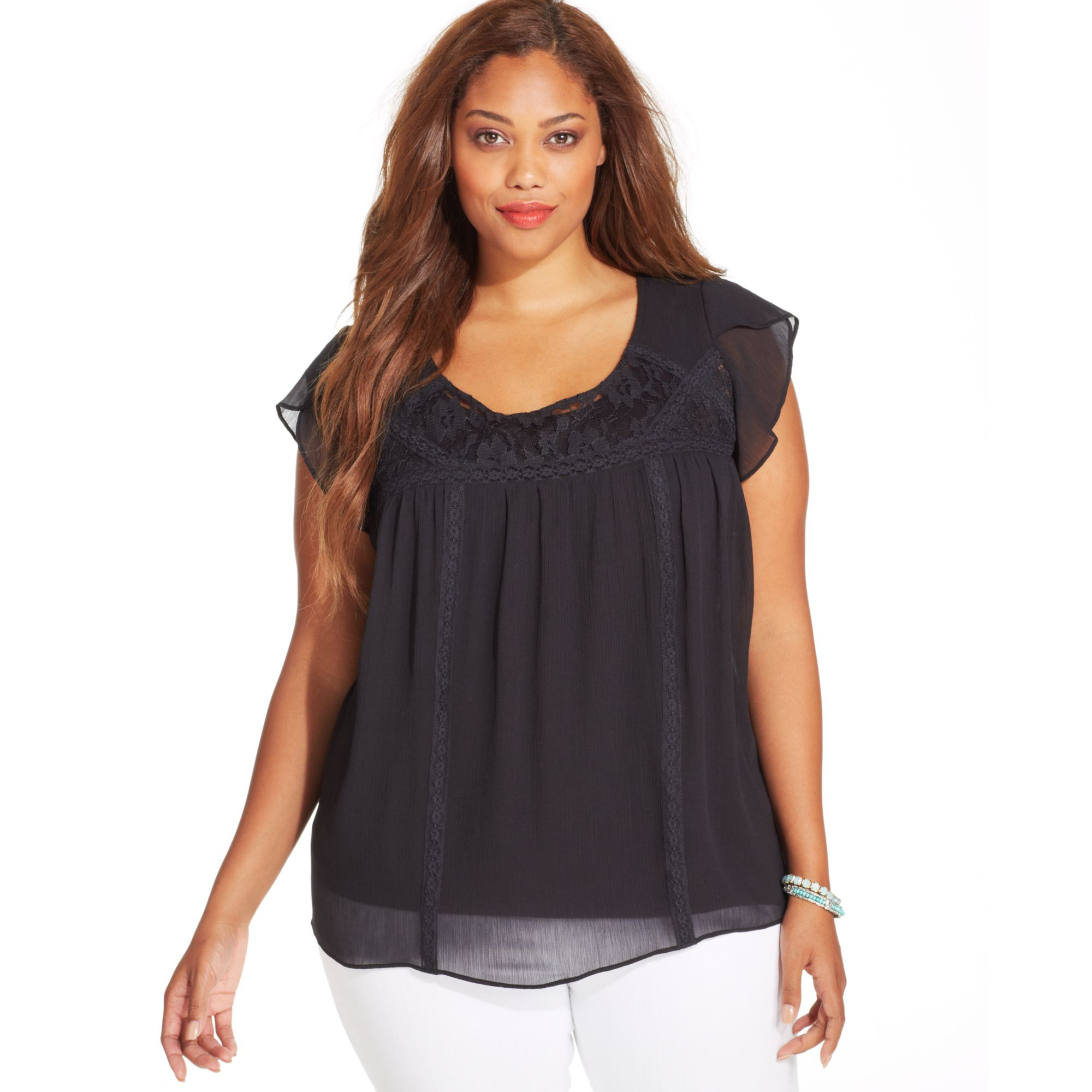 Lyst - Jessica Simpson Plus Size Short Sleeve Lace Peasant Top in Black