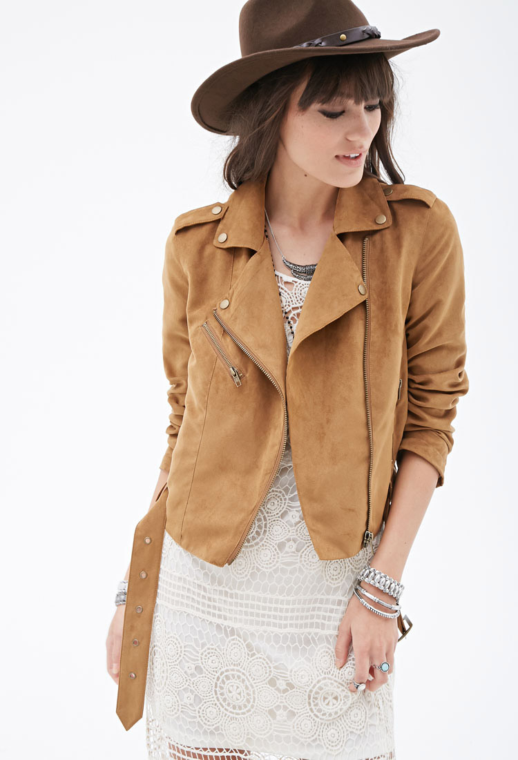 Lyst Forever 21 Faux Suede Moto Jacket in Brown