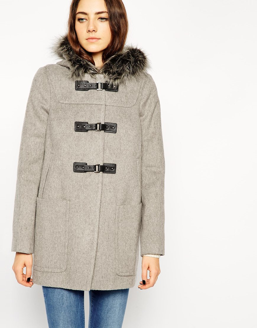 Asos Premium Duffle Coat With Faux Fur Hood in Brown | Lyst