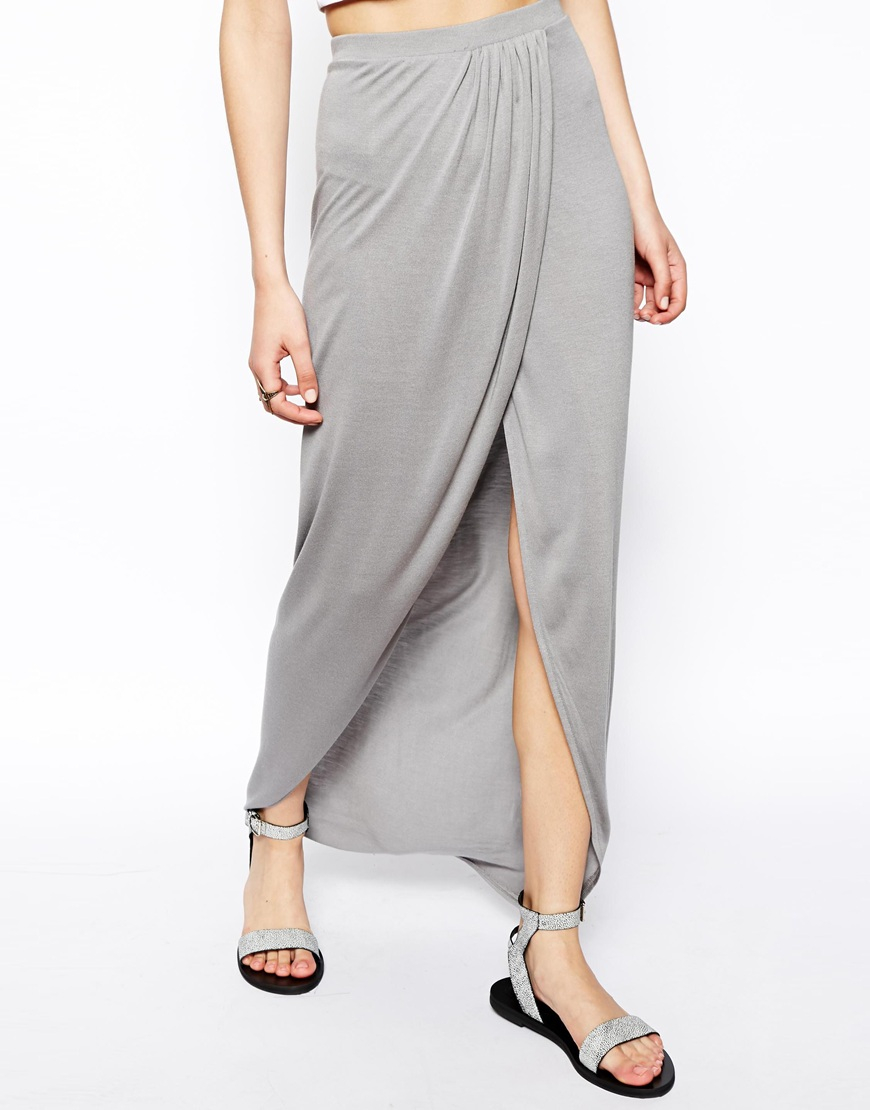 Asos Wrap Maxi Skirt In Jersey in Gray | Lyst