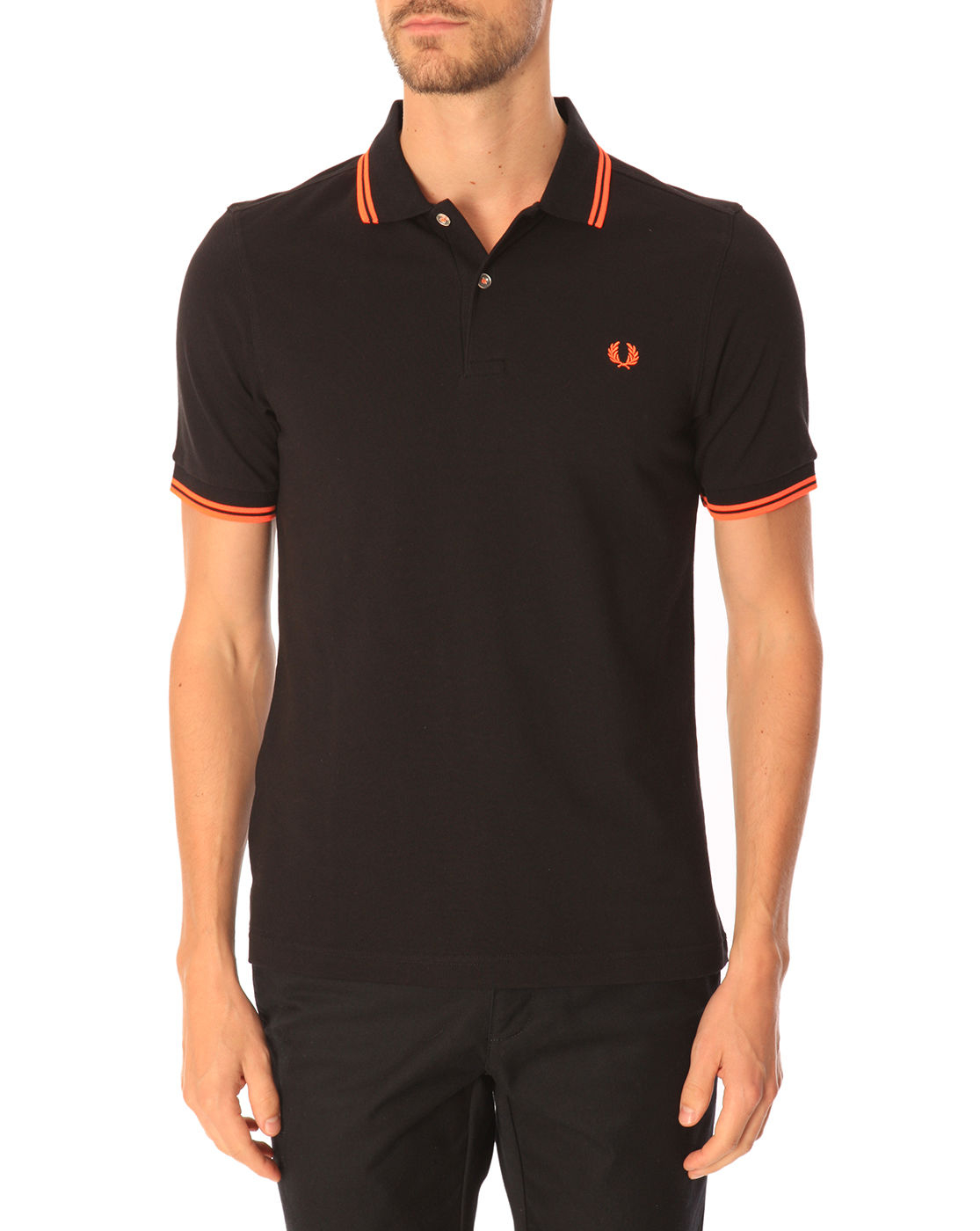 Fred Perry Slim-Fit Black Polo Shirt With Contrasting Neon Orange in ...