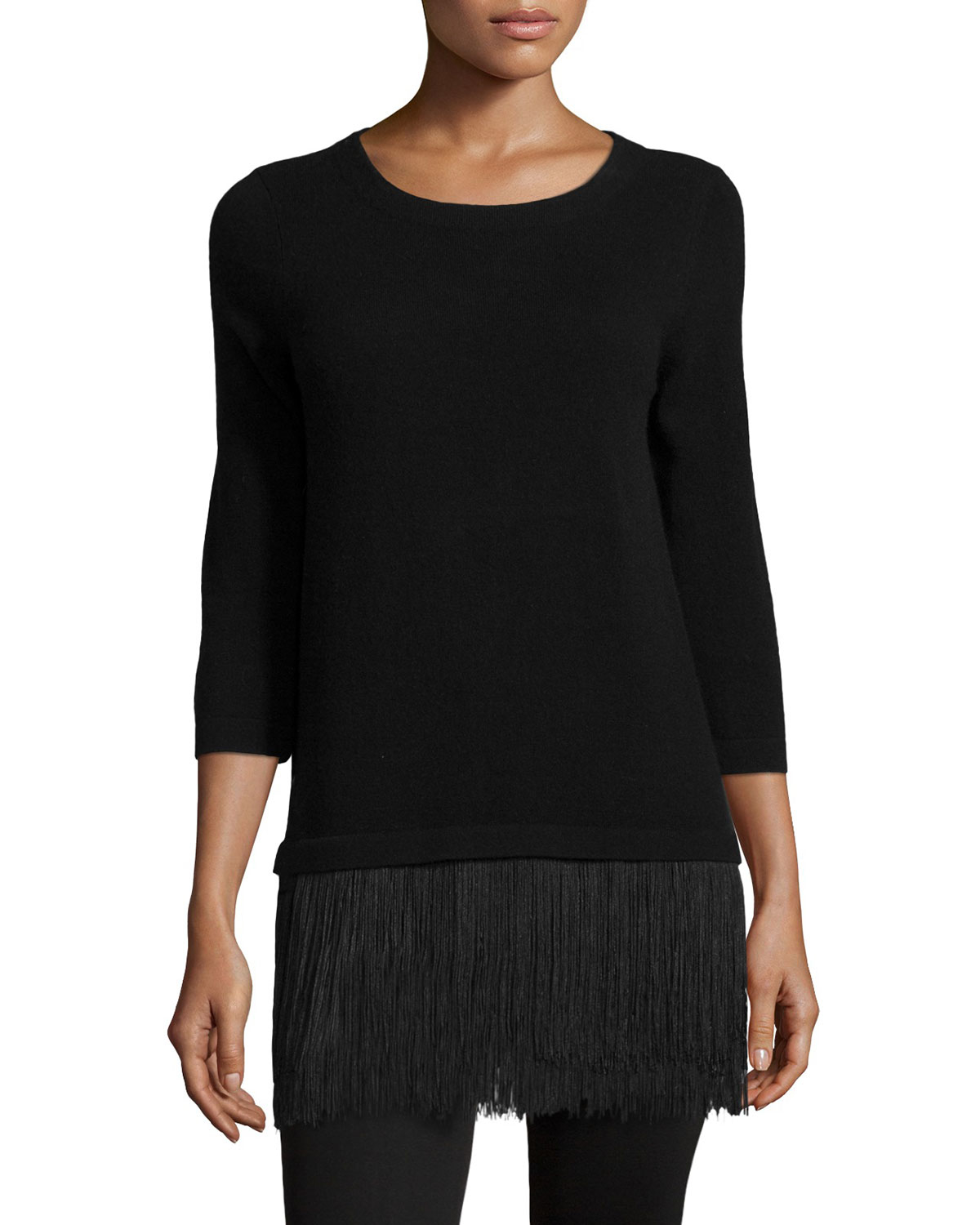 Neiman marcus cashmere collection Cashmere Sweater With Fringe in Black