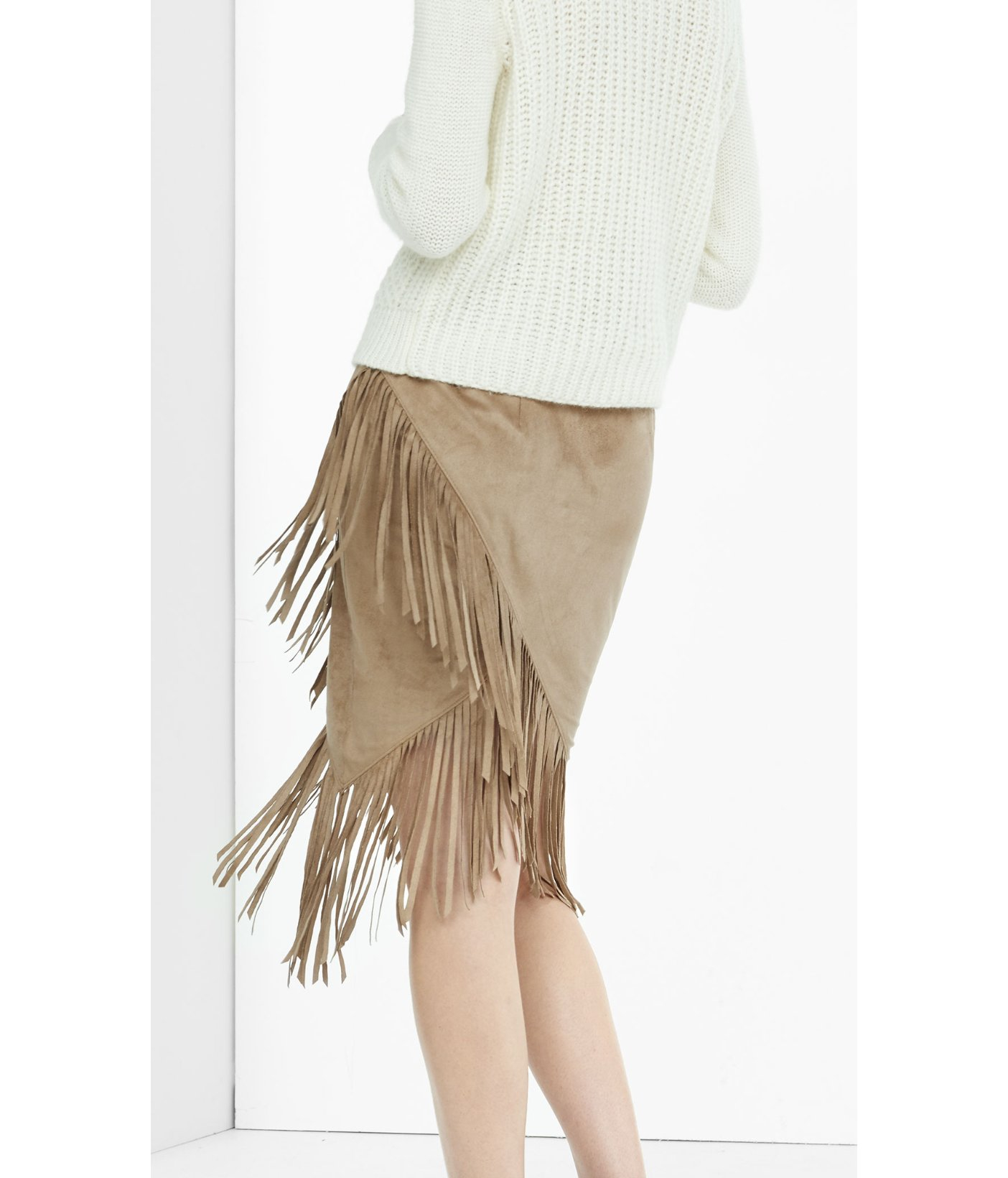 Lyst Express Faux Suede Fringed Wrap Pencil Skirt in Natural