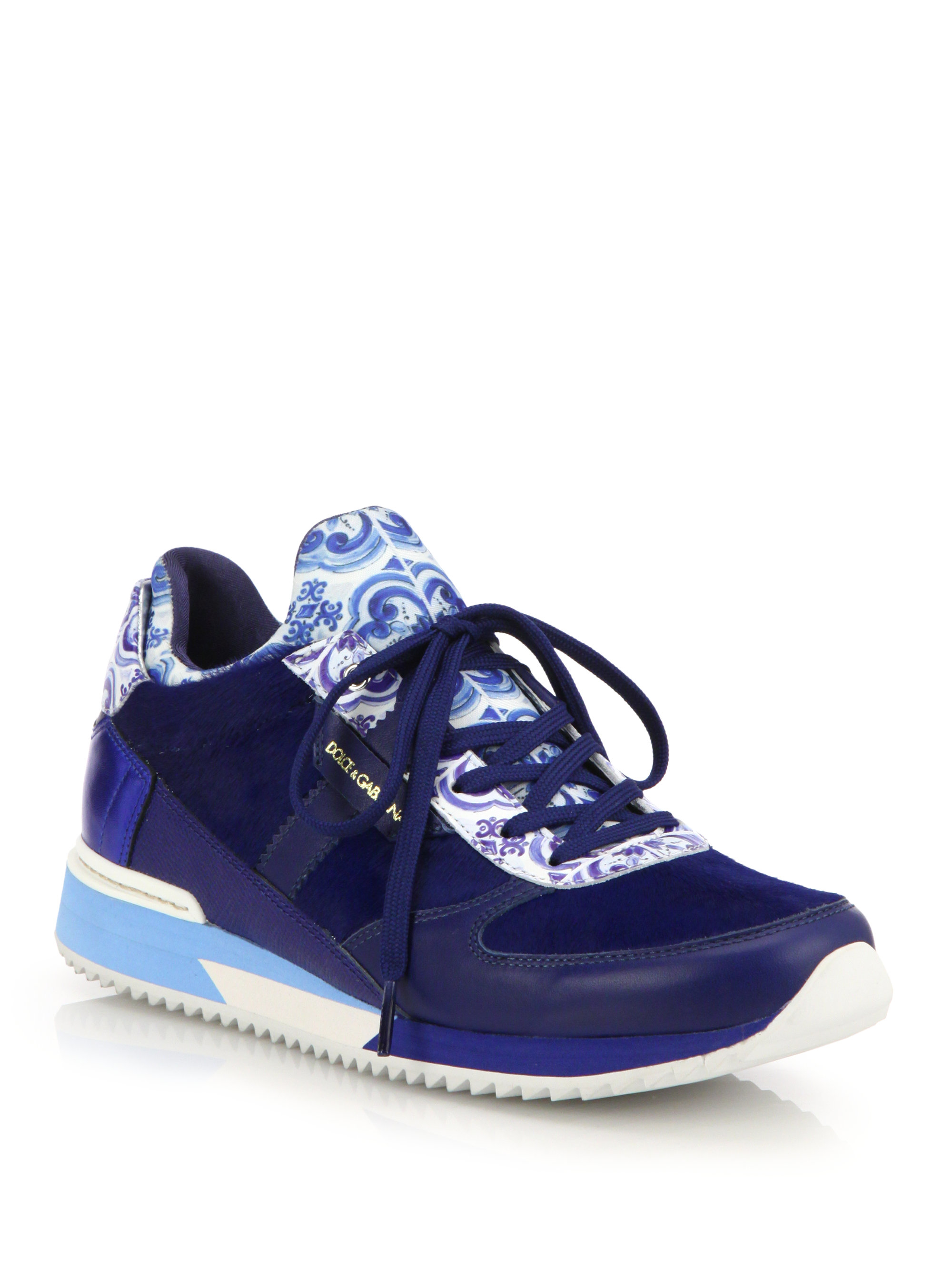 Lyst - Dolce & Gabbana Tile-Print Leather & Calf Hair Sneakers in Blue