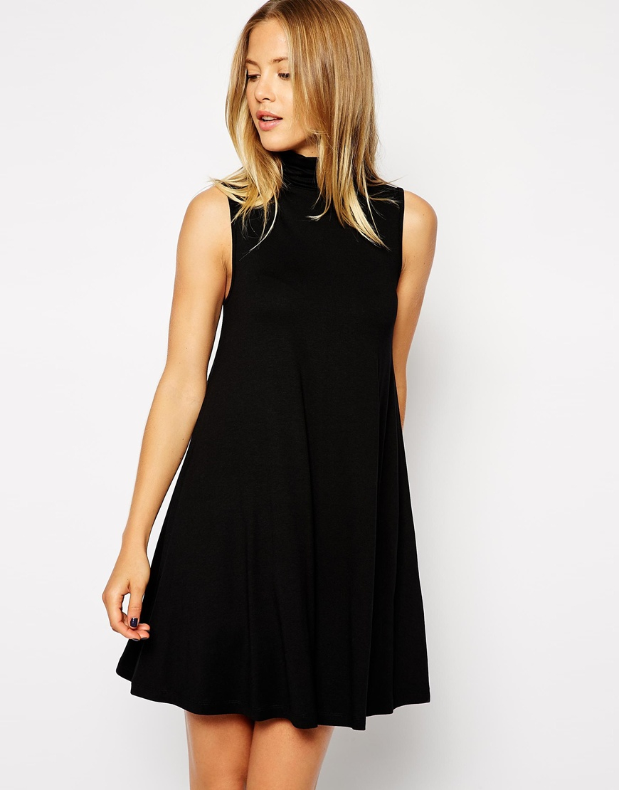 Lyst - Asos Sleeveless Swing Dress With Polo Neck in Black