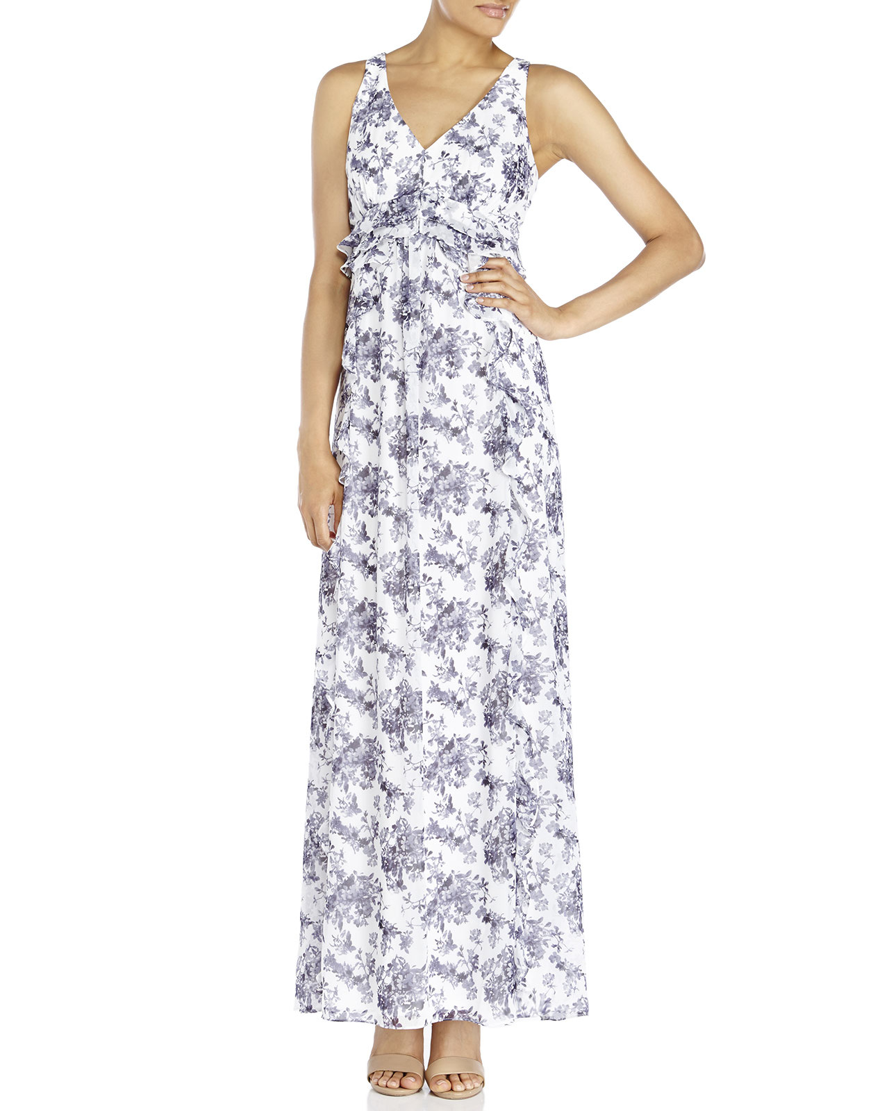 Jessica simpson White Floral Ruffle Maxi Dress in White | Lyst