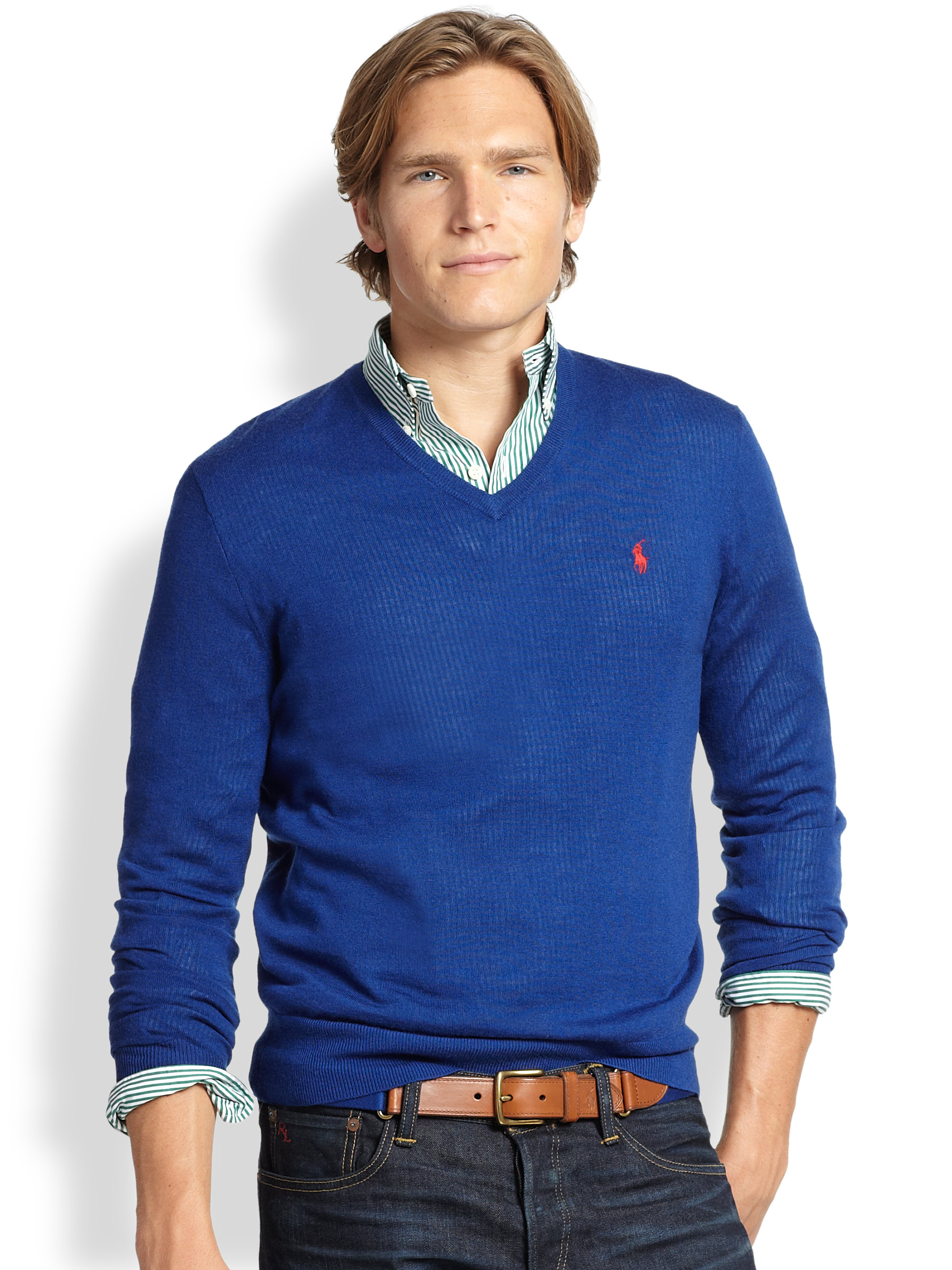 Polo ralph lauren Slim-fit Merino V-neck Sweater in Blue for Men | Lyst