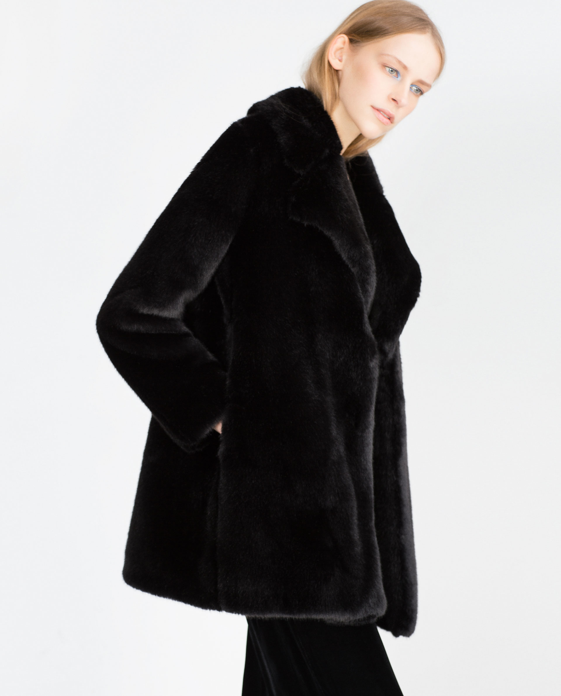 Black Coat With Fur Hood Zara - Image 2 Of Overcoat With Faux Fur Hood ...