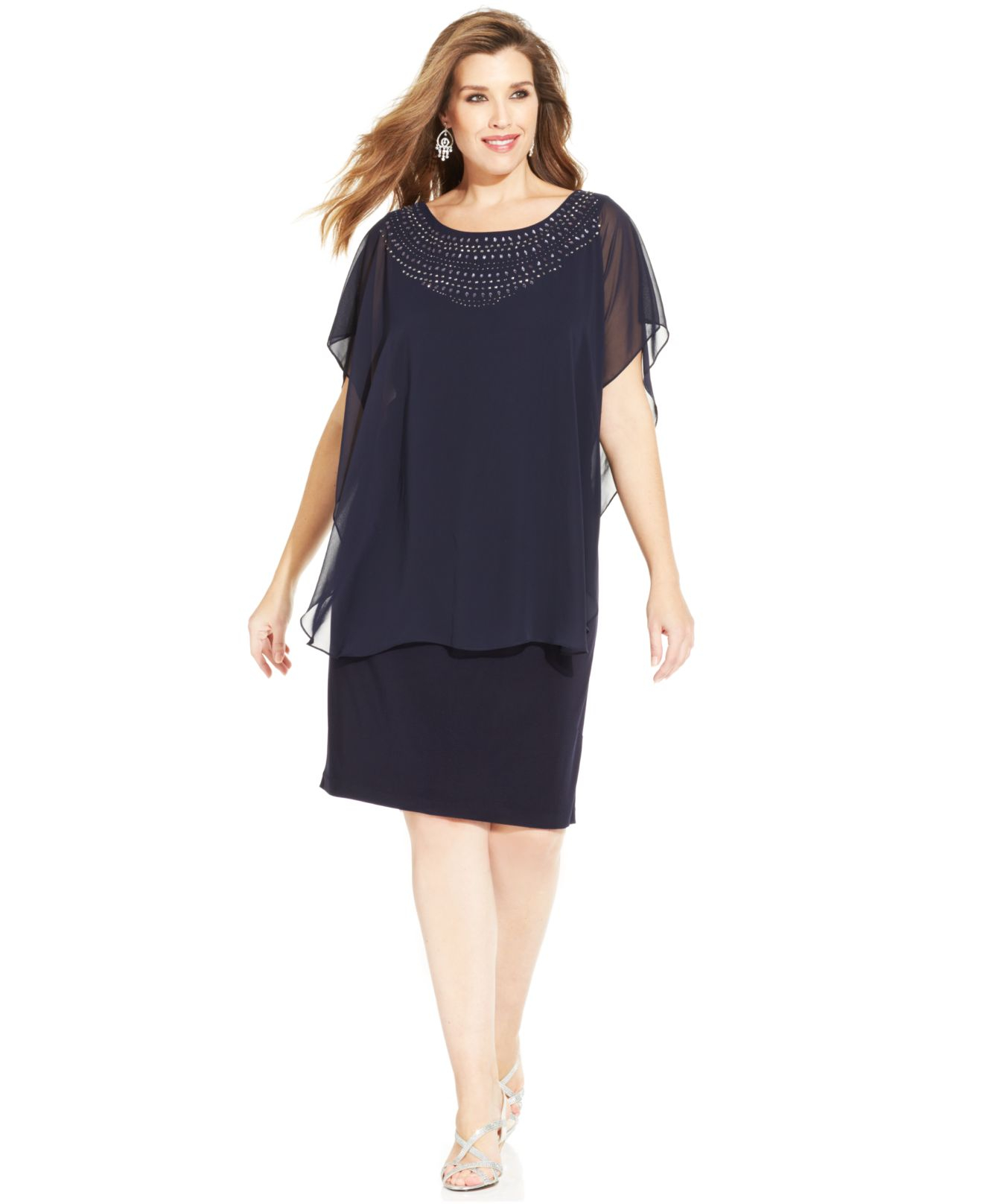 Lyst - Betsy & Adam Plus Size Embellished Chiffon Capelet Dress in Blue