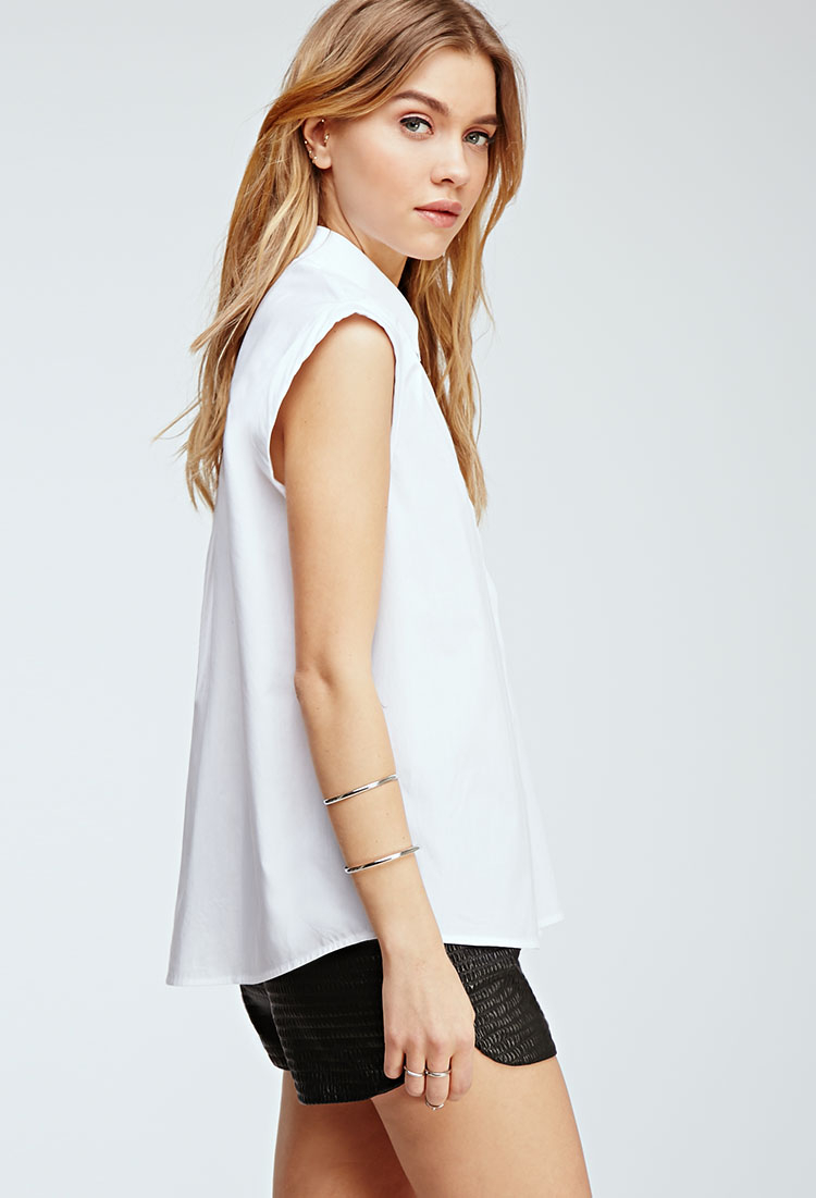 Forever 21 Rolled-sleeve Collared Shirt in White | Lyst