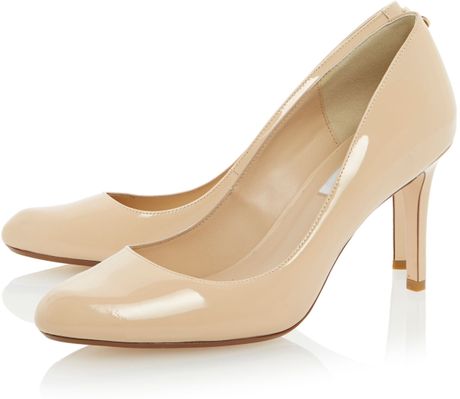 Dune Allie Patent Stiletto Almond Toe Court Shoes in Beige (Nude) | Lyst