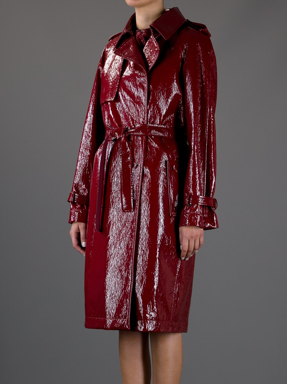 shiny red trench coat