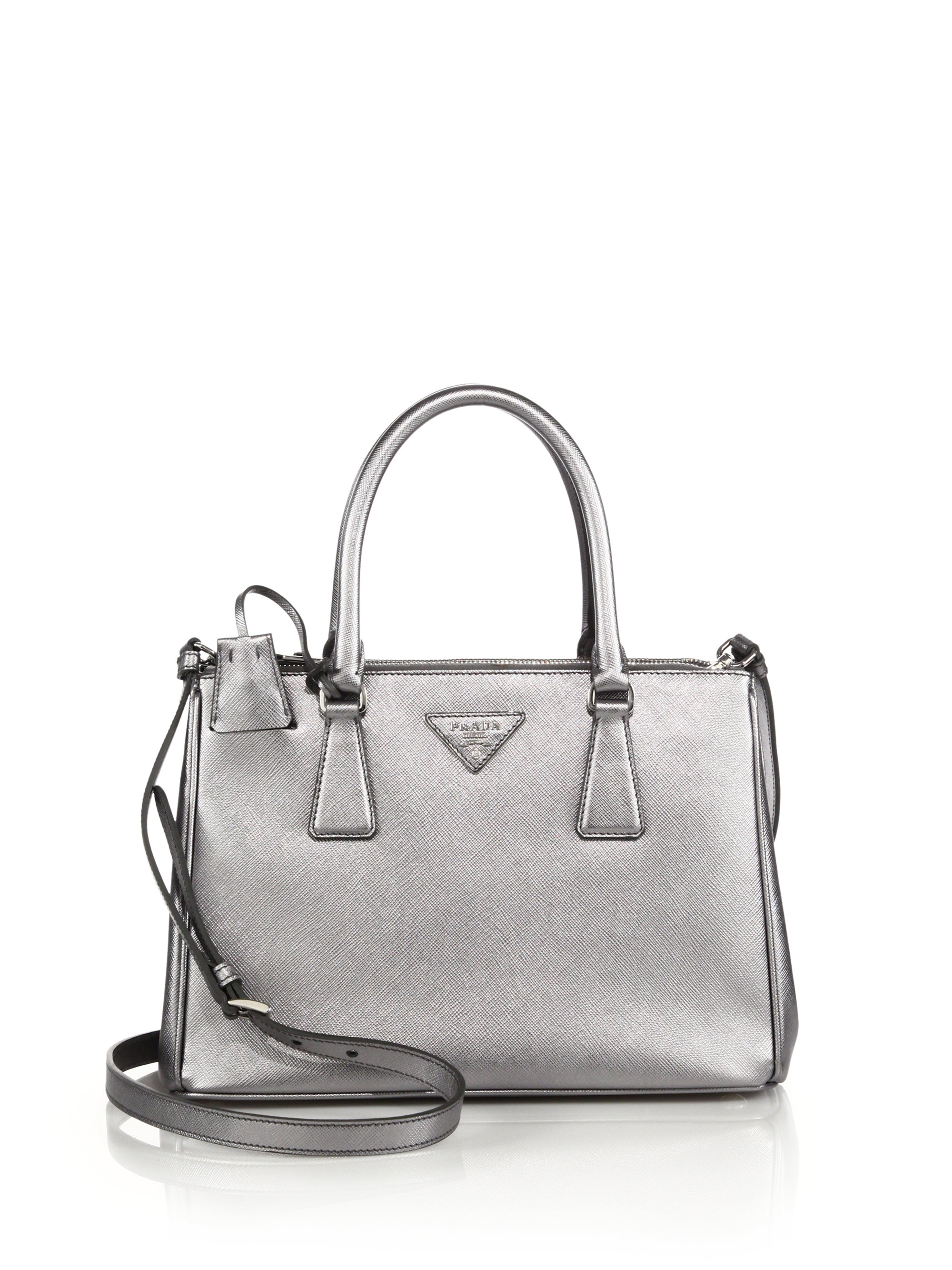 Prada Saffiano Lux Small Metallic Double-zip Tote in Silver (CROMO ...  