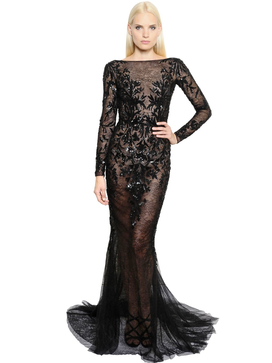 Lyst Zuhair Murad Sequin Embellished Lace Tulle Dress In Black Gallery