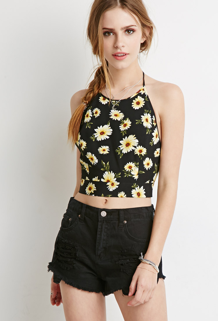 Lyst - Forever 21 Daisy Print Halter Crop Top in Black