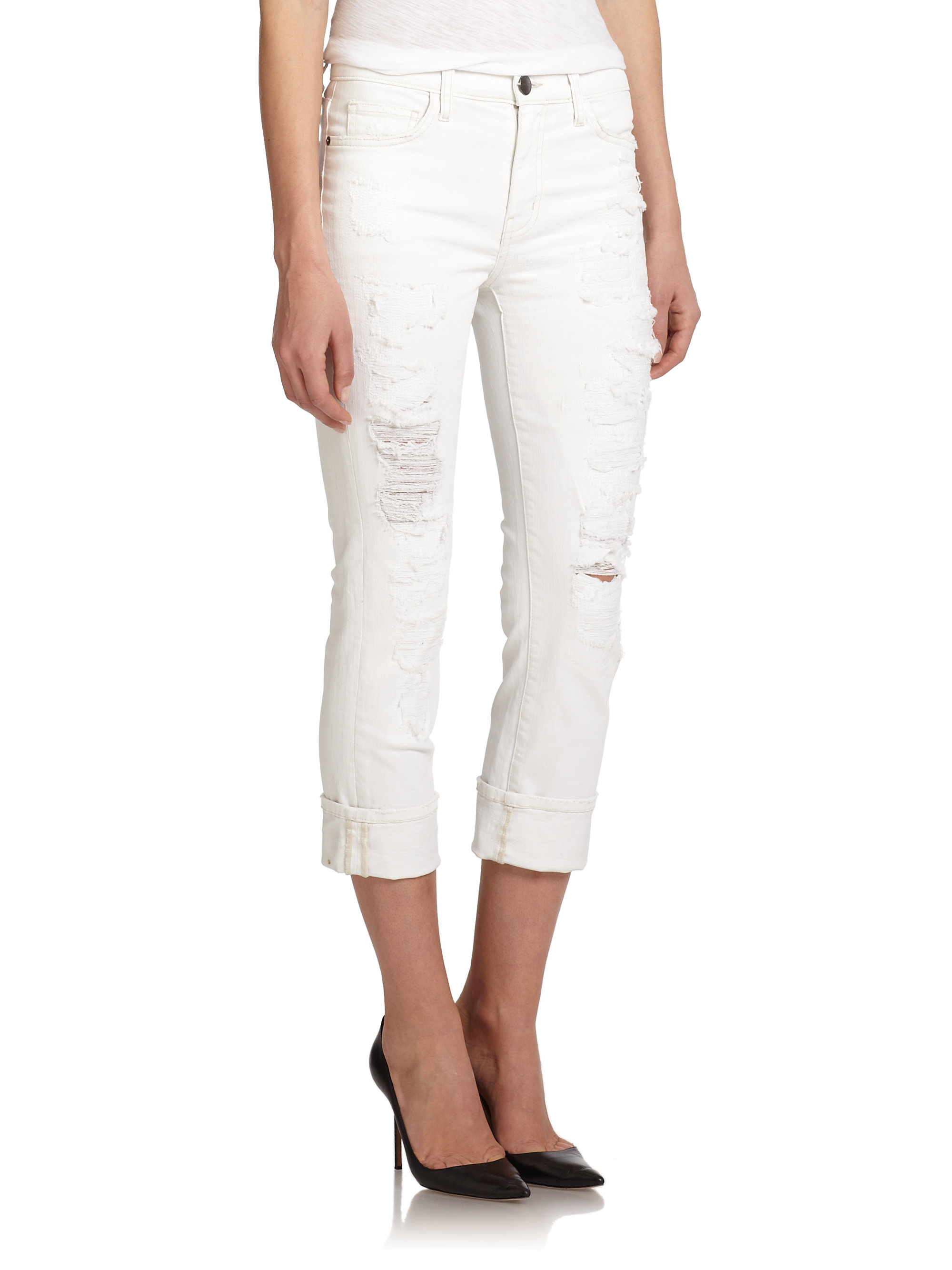 high waisted white cropped jeans