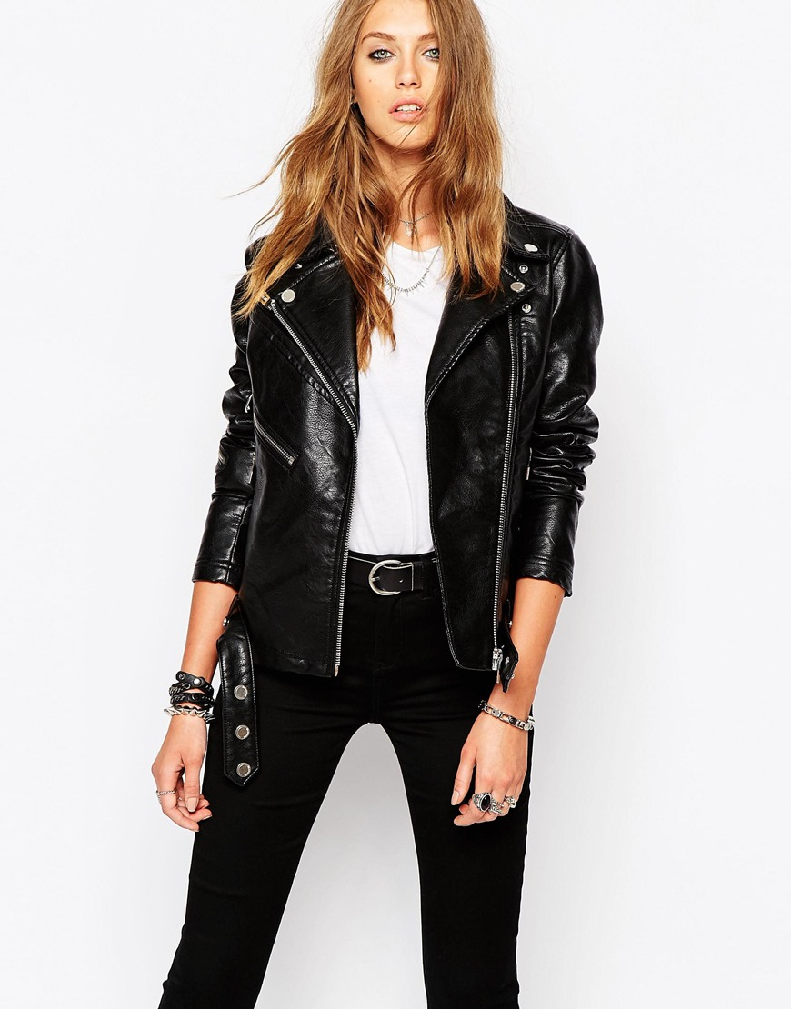Blank Leather Look Biker Jacket With Zip Details In Black Lyst Gallery