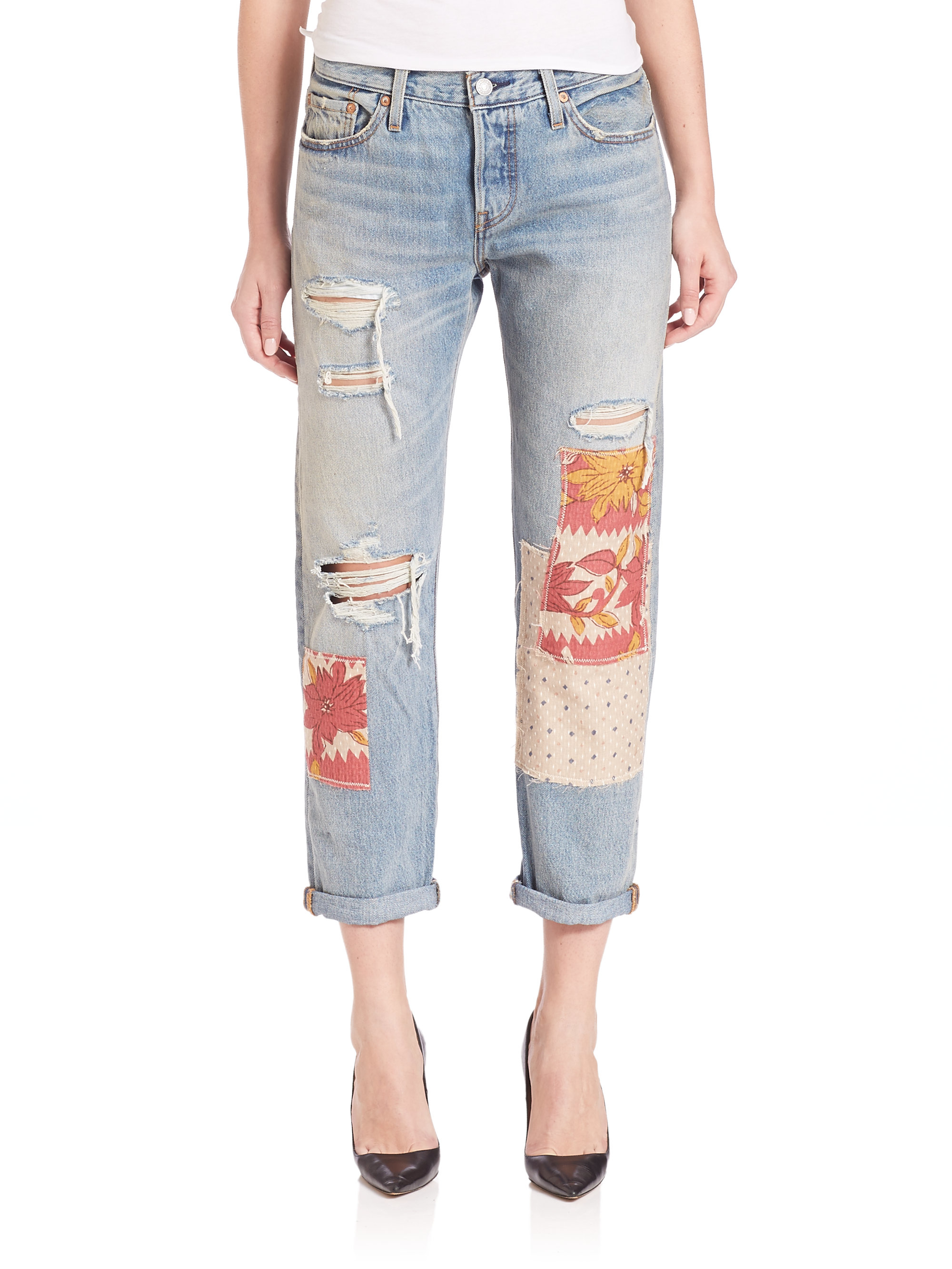 Levi's 501 Ct Distressed Patchwork Crop Rolled Boyfriend Jeans in Blue ...