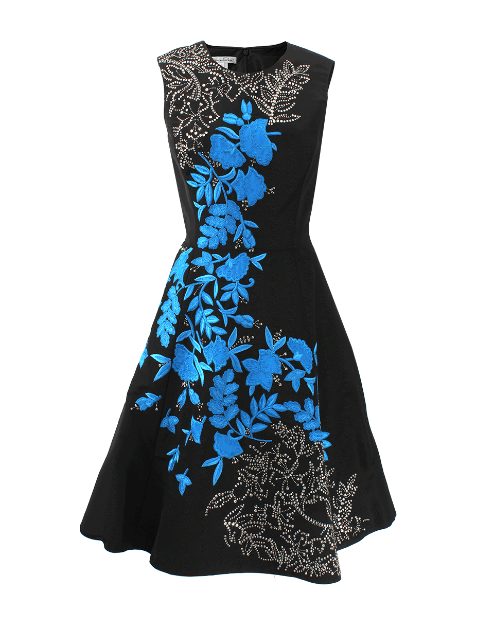 Lyst - Oscar de la renta Faille Dress With Blue Embroidery in Blue