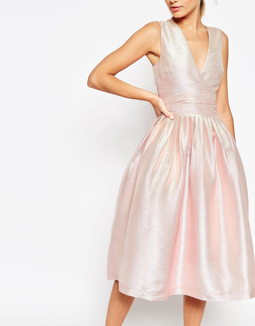 Lyst Asos Salon Holographic Shimmer Midi Prom Dress in Pink