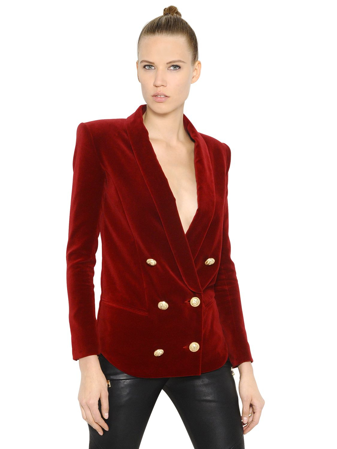 Lyst - Balmain Double Breasted Cotton Velvet Jacket in Red