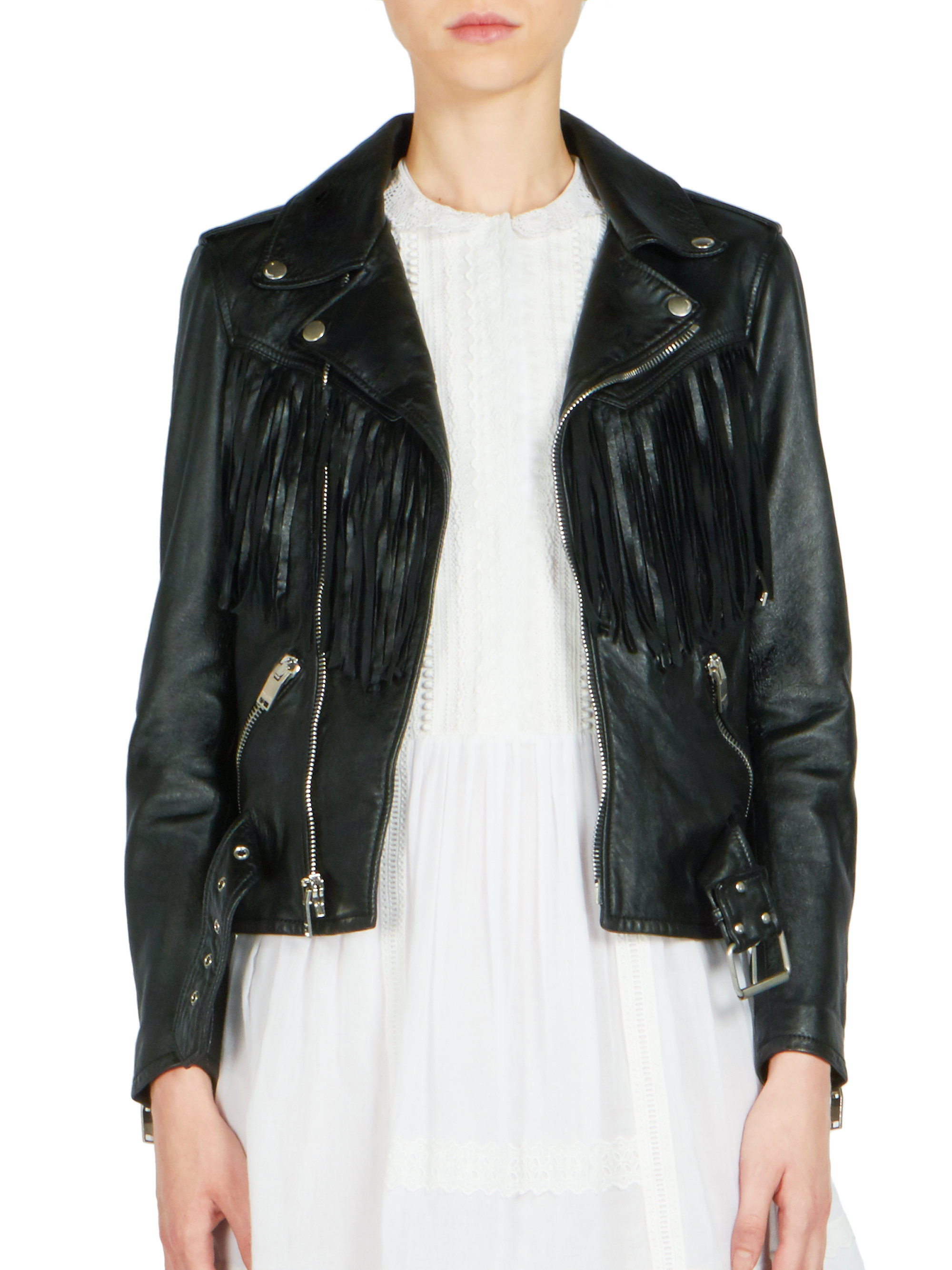 Lyst Saint Laurent Fringed Leather Biker Jacket In Black