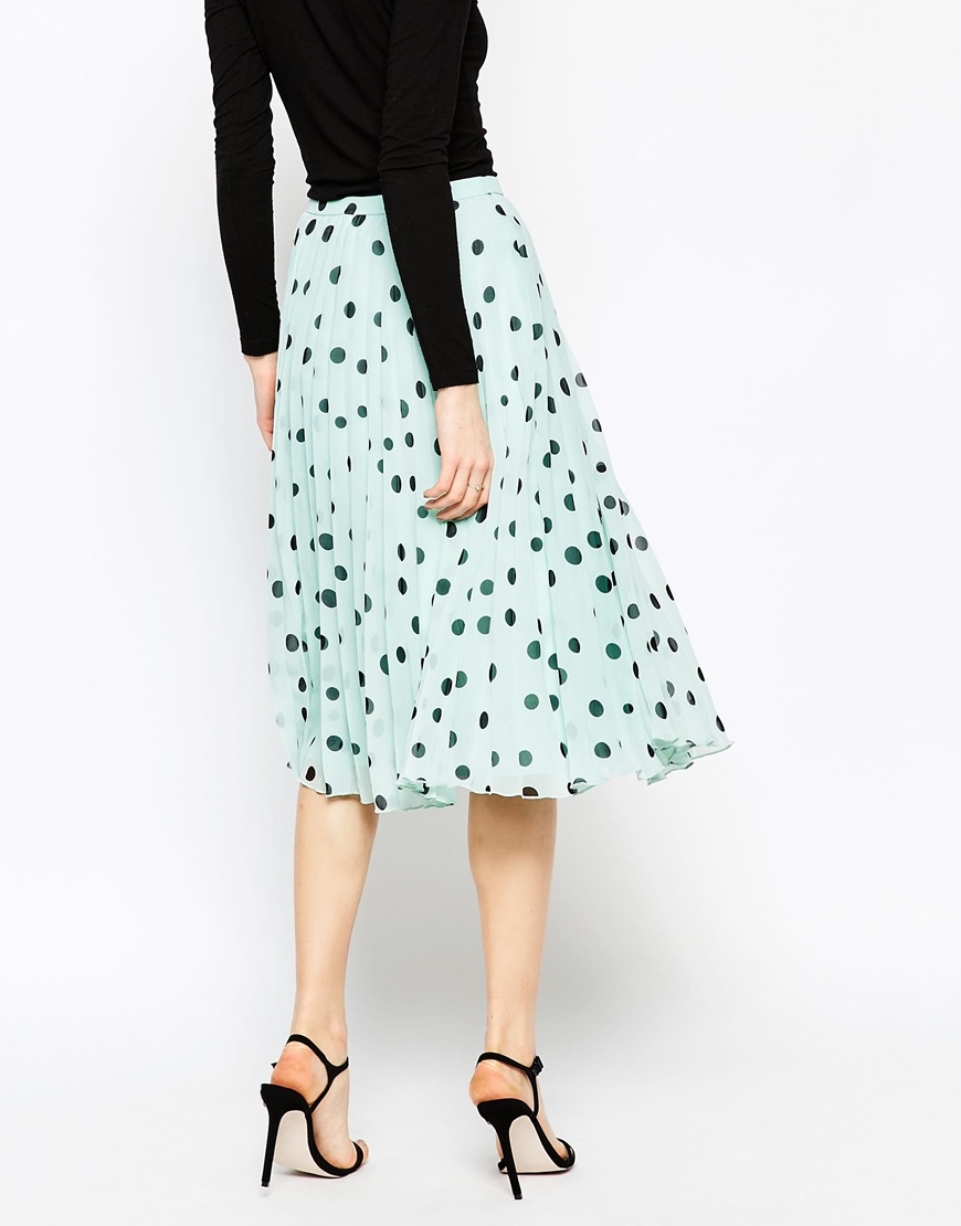 Lyst - Asos Pleated Midi Skirt In Polka Dot in Green