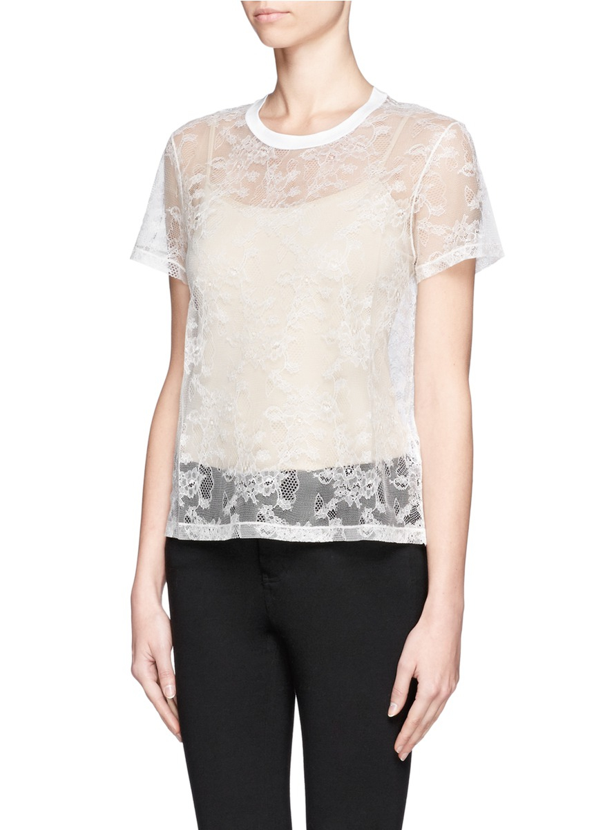 Valentino Chantilly Lace Short-sleeve Silk Top in White | Lyst