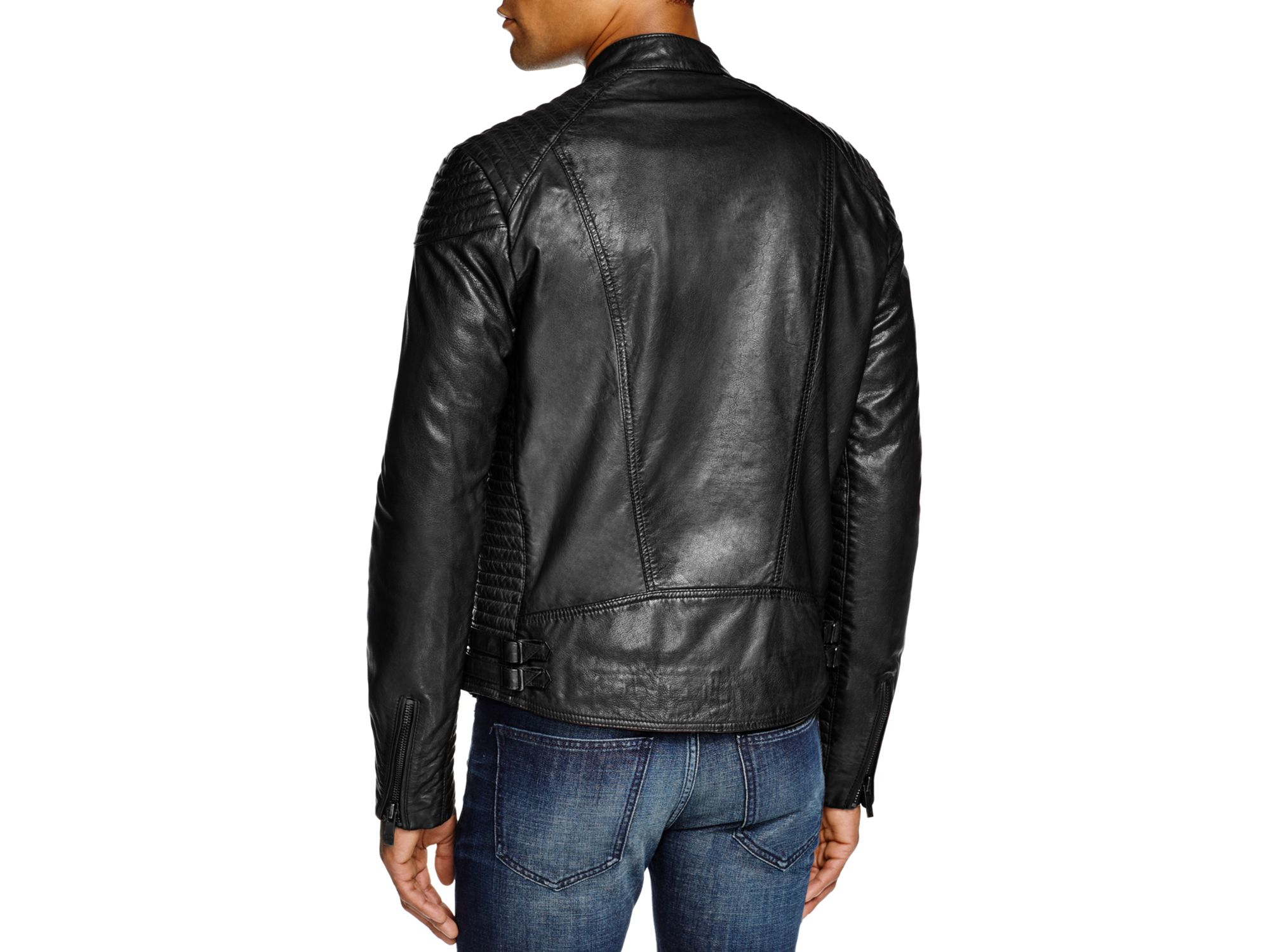 15 Black Scotch and soda fitted leather jacket with Slim Fit