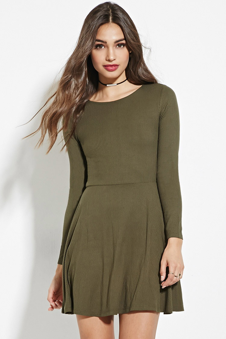 Lyst Forever 21 Ribbed Knit Skater Dress In Green