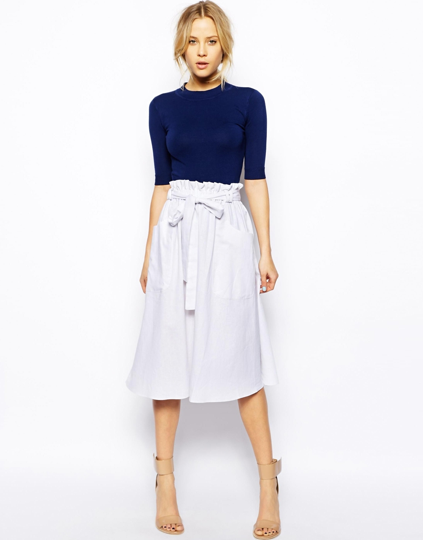 Asos Linen Midi Skirt With Pocket Detail in White | Lyst
