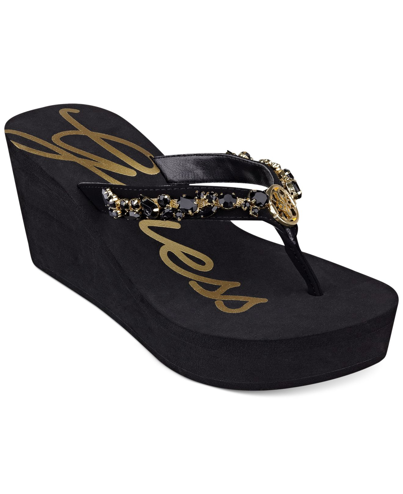 Guess Sabell2 Silver Charm Platform Wedge Flip Flops in Black Lyst