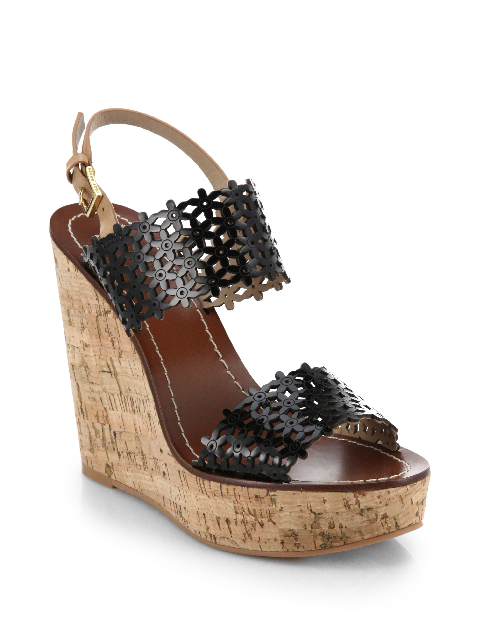 Tory burch Daisy Cutout Leather Wedge Sandals in Black | Lyst